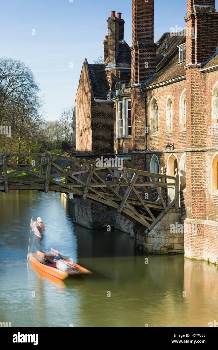 Mathematical Bridge With People Punting In Punt Boats On The River Cam, Cambridge, United Kingdom Stock Photo