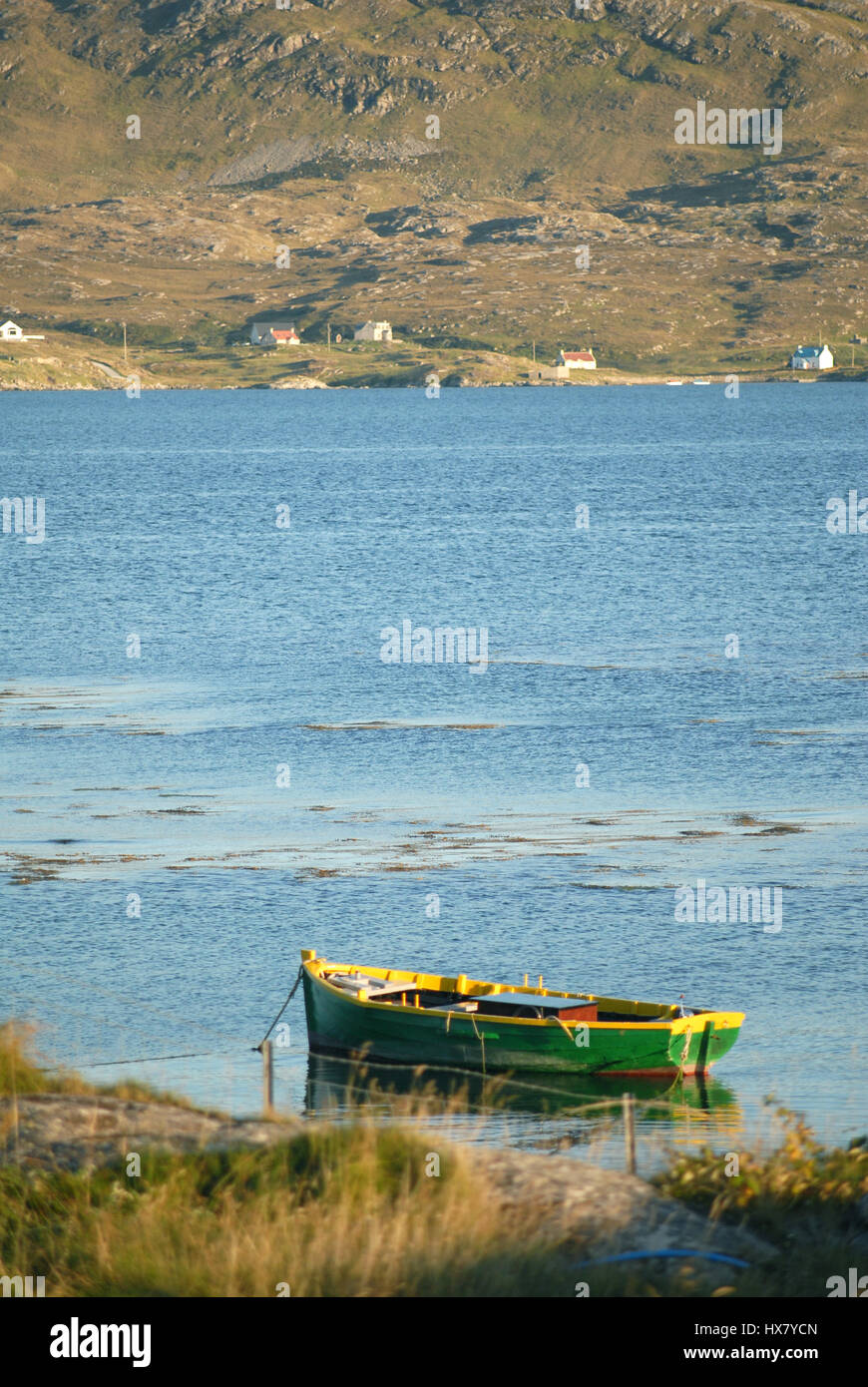 A rowing boat mored at the beach, Outer Hebrides, Scotland Stock Photo