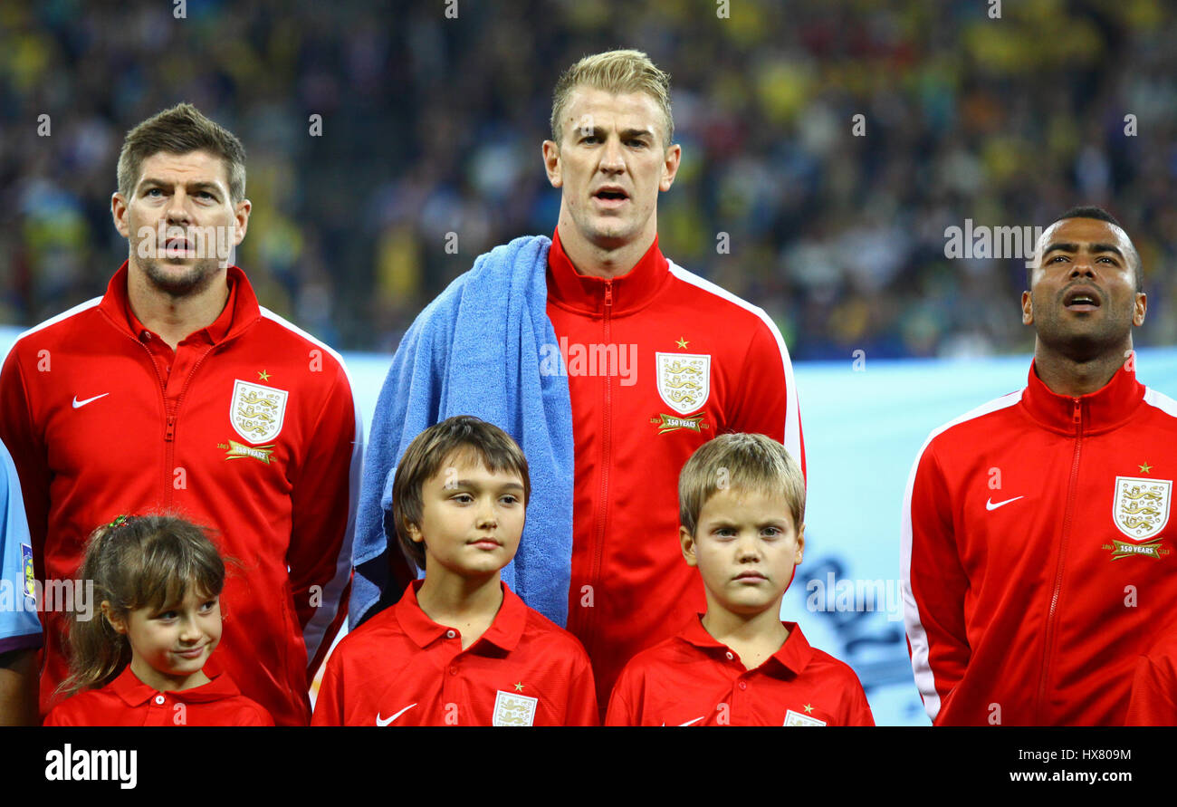 KYIV, UKRAINE - SEPTEMBER 10, 2013: Players of England National football team listen to national anthems before FIFA World Cup 2014 qualifier game aga Stock Photo