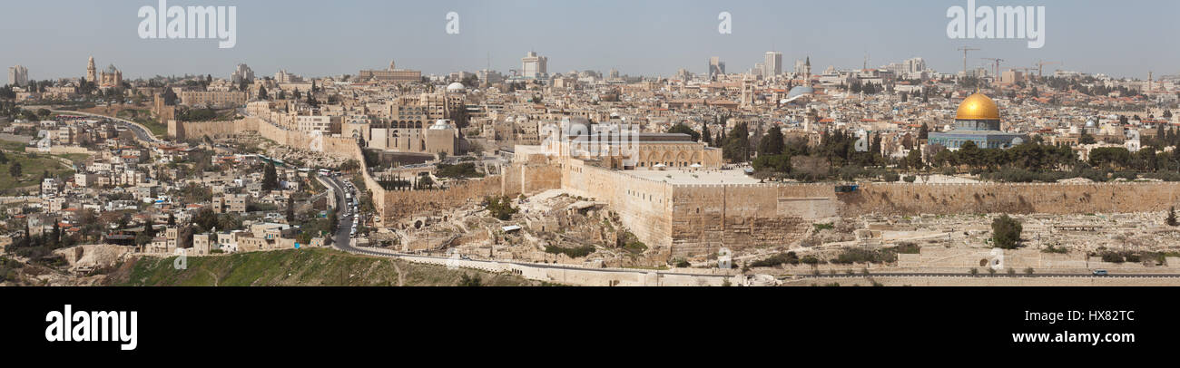 Panorama of the Temple Mount, including Al-Aqsa Mosque and Dome of the Rock, from the Mount of Olives, Jerusalem, Israel. Stock Photo
