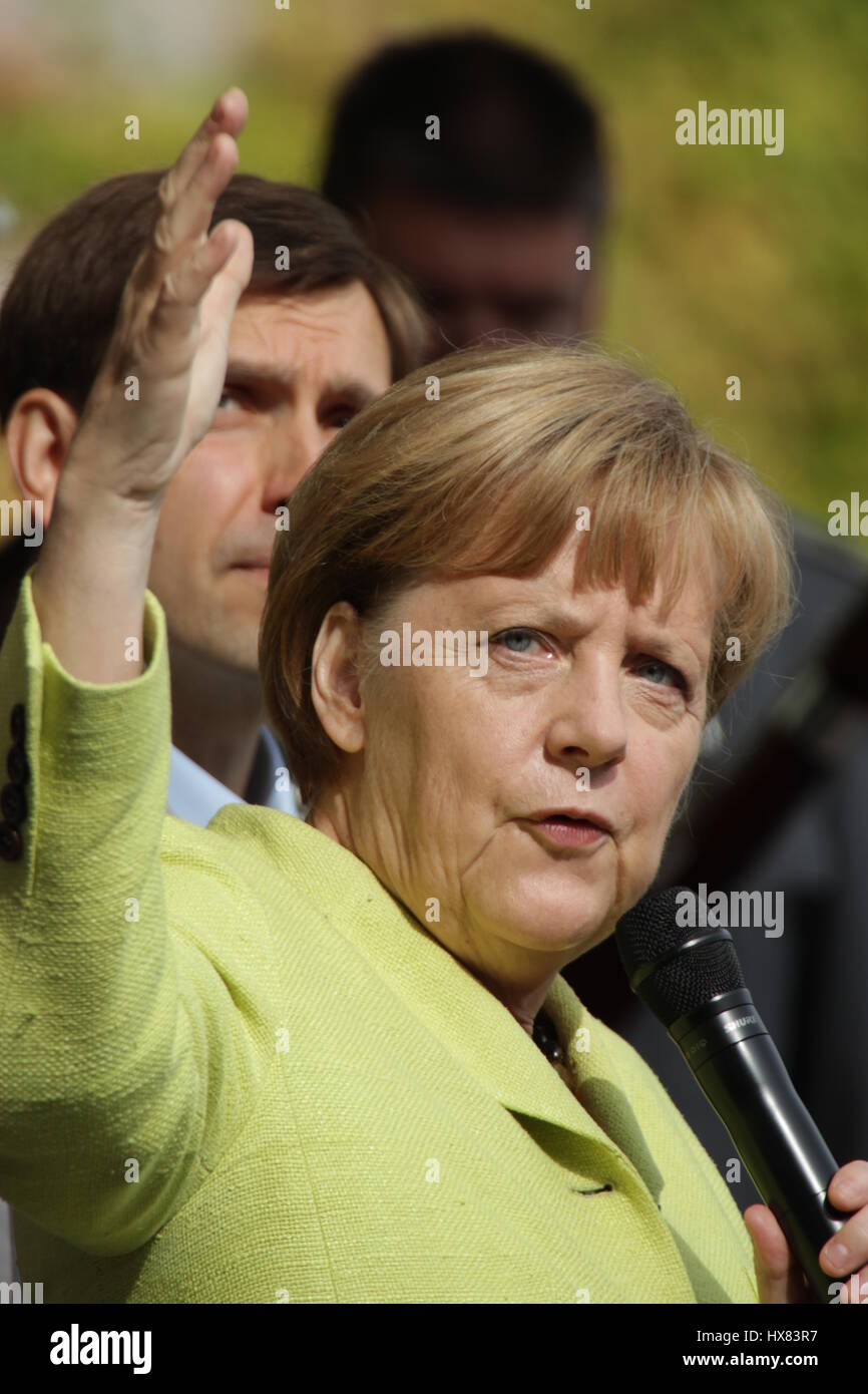 Berlin, Germany, August 31st, 2014: Chancellor Angela Merkel meets with visitors during government open door day. Stock Photo