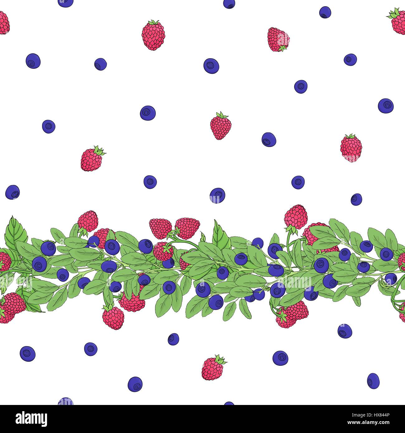 Seamless natural pattern of berries with a border of twigs with raspberries and blueberries. Elements of the pattern drawn by hand a dark outline and  Stock Vector