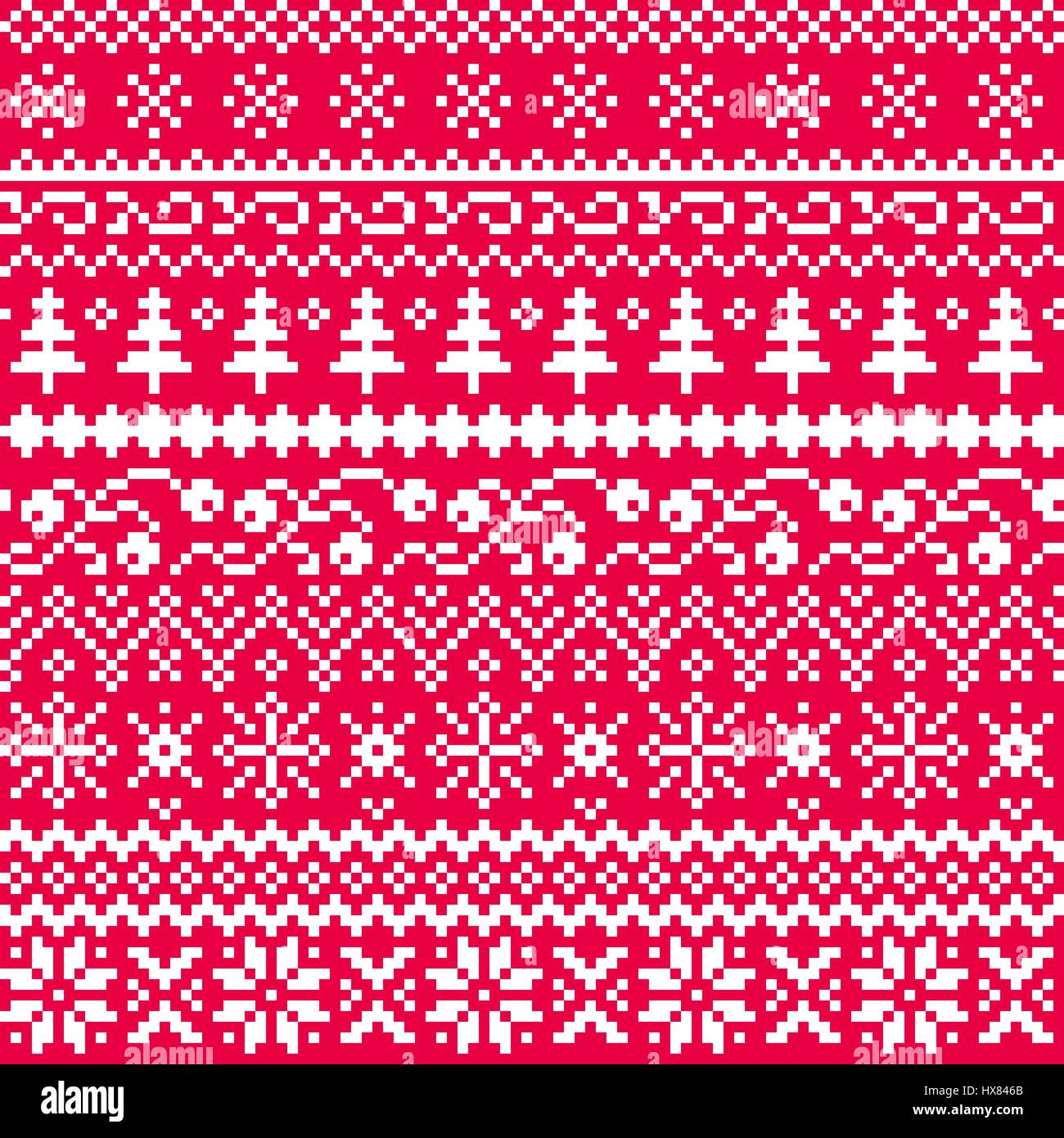 Christmas seamless vector pattern with ethnic motifs in white on a red background. New Year. Pixel. Stock Vector