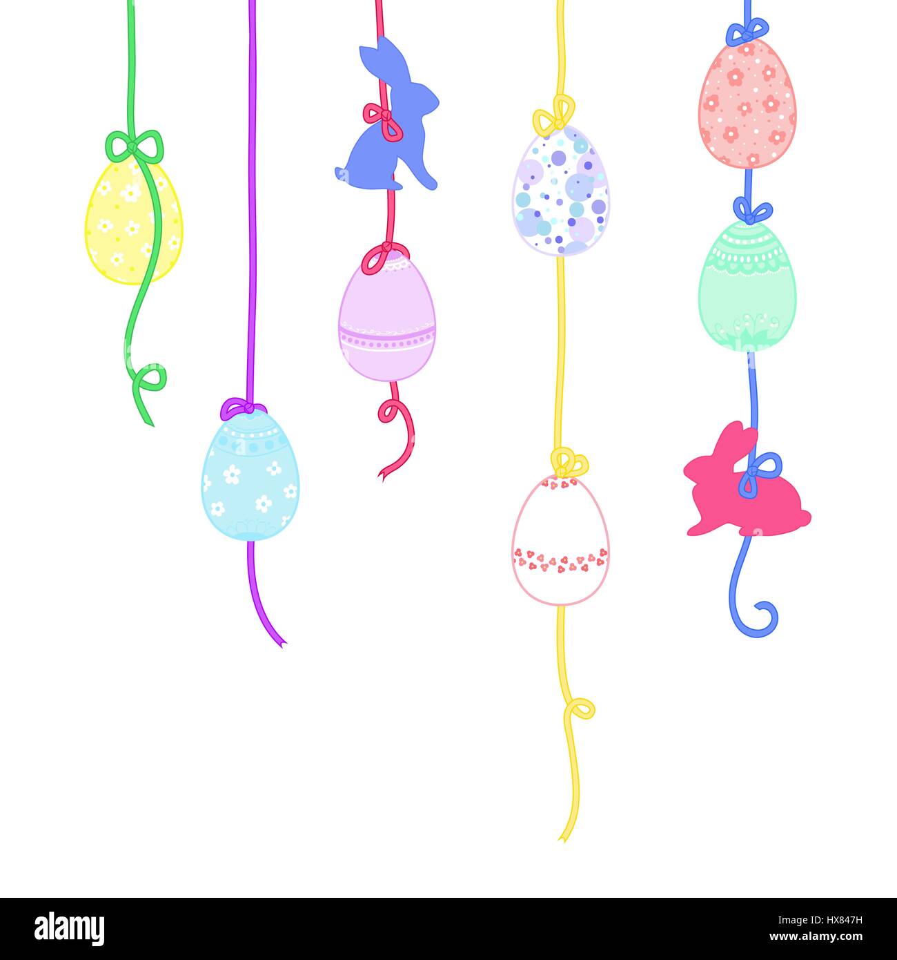 Happy Easter greeting card or background. Easter bunny and Easter eggs with ornaments hung on ribbons with bows. Vector illustration Stock Vector