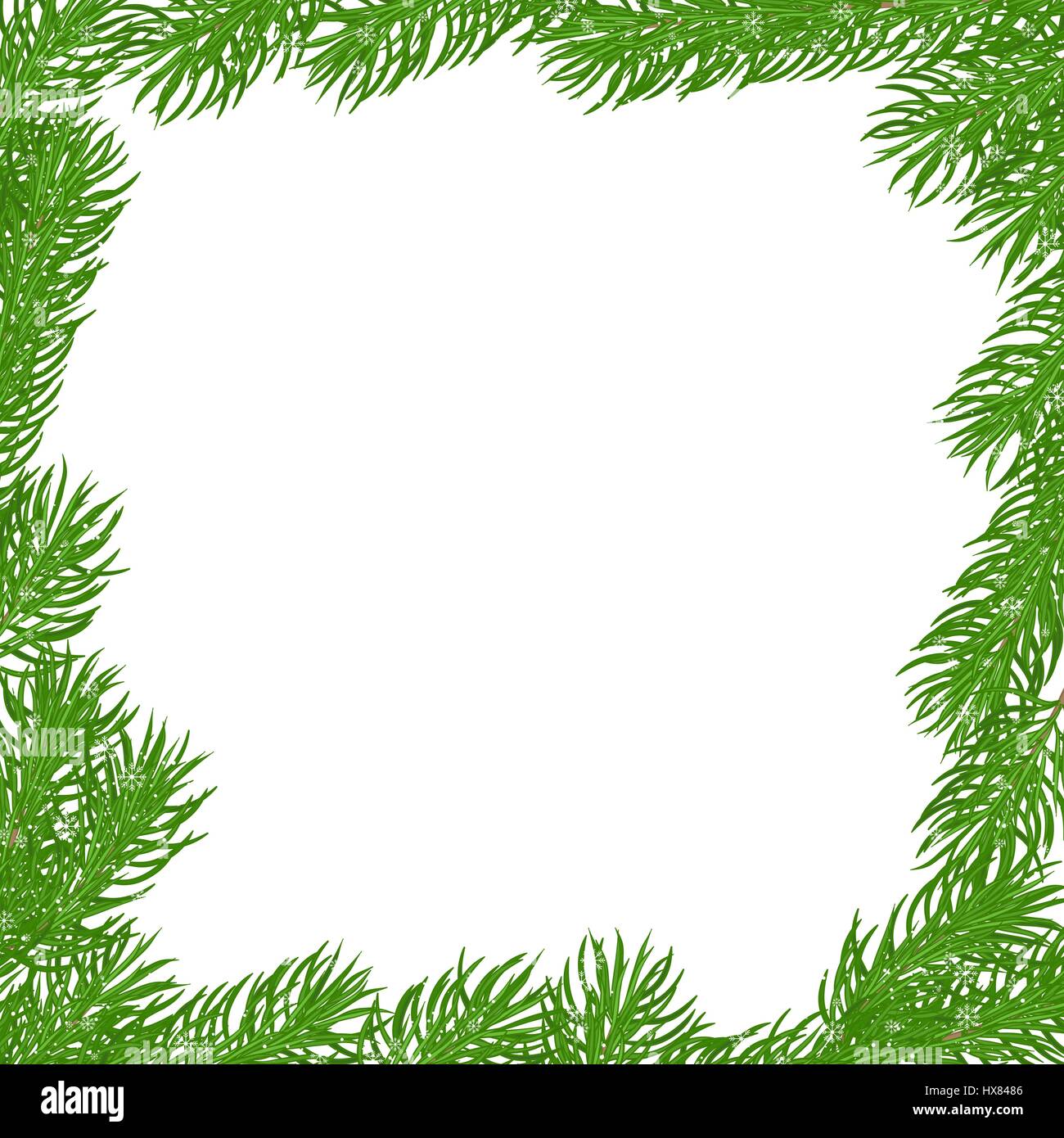 Natural square frame of green spruce branches, covered with snow and snowflakes. Christmas background. Hand drawn vector illustration. Stock Vector