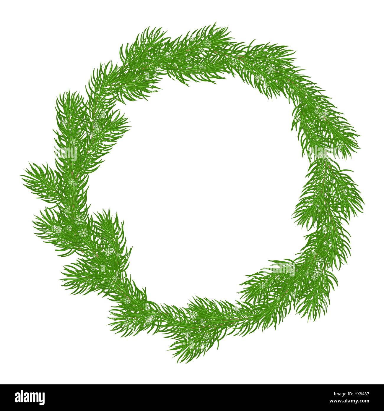 Natural Christmas wreath or a round frame of bright green spruce branches covered with snow and delicate snowflakes. Isolated on white background. Han Stock Vector