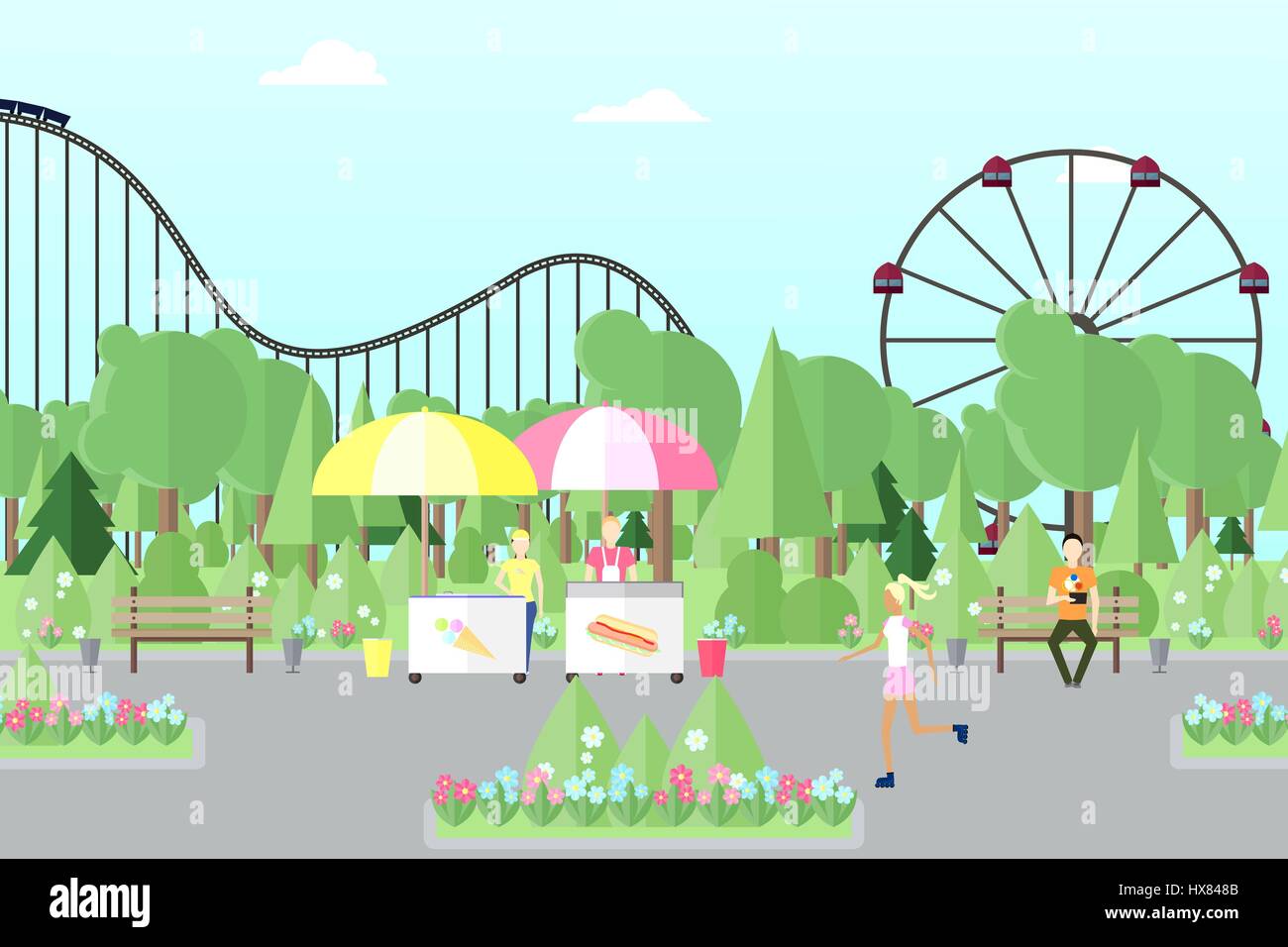 People rest and work in a city park with attractions. Flat vector ...