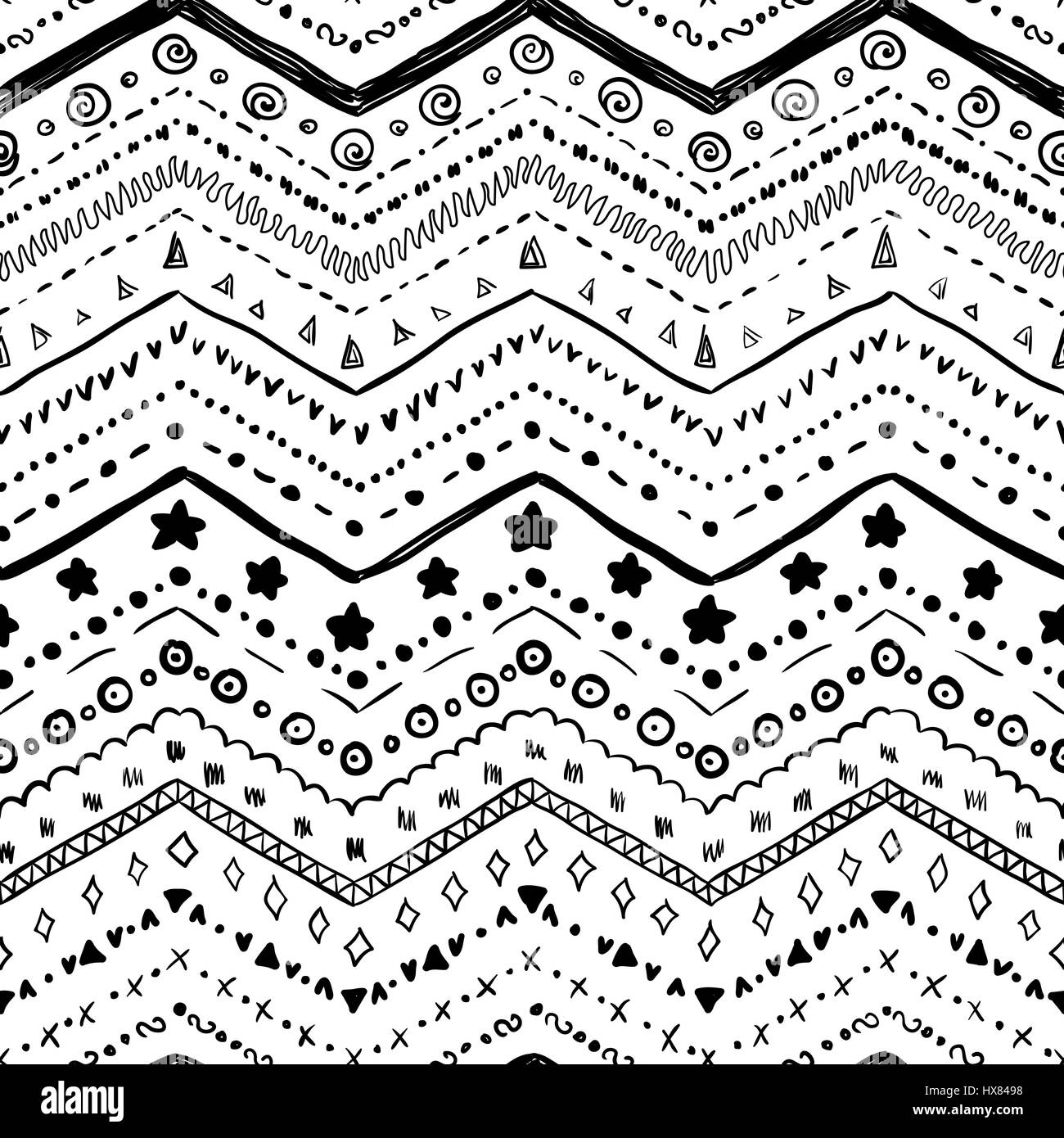 Vector seamless pattern of hand-drawn elements in black on a white ...