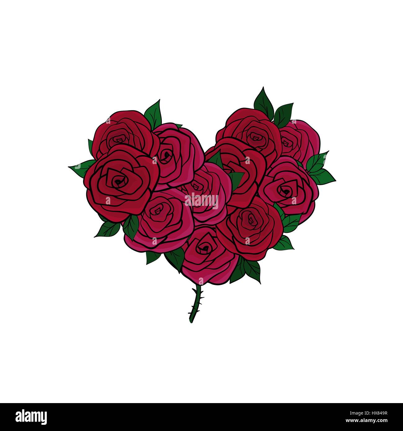 Bouquet of roses of different hues with heart shaped leaves on a stem with thorns, painted a dark outline. Isolated on white background. Hand drawn ve Stock Vector