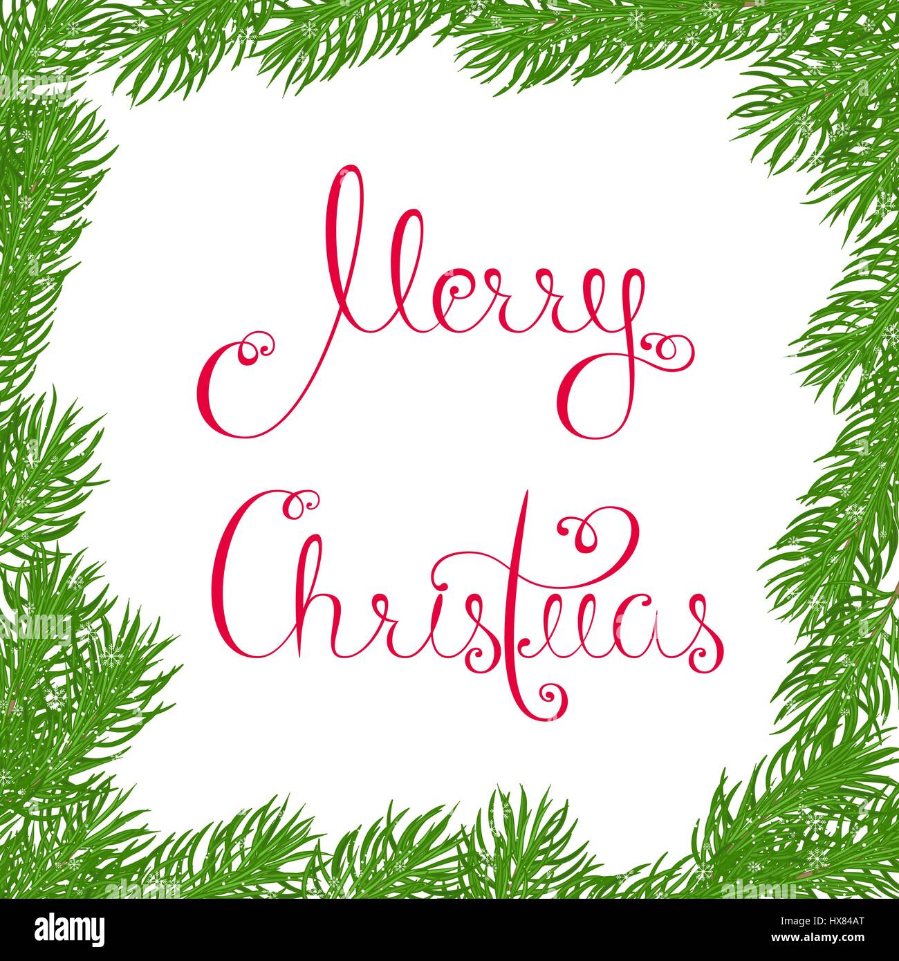 Square frame with sprigs of spruce, covered with snow and delicate snowflakes with Merry Christmas greetings in red on a white background. Isolated. C Stock Vector