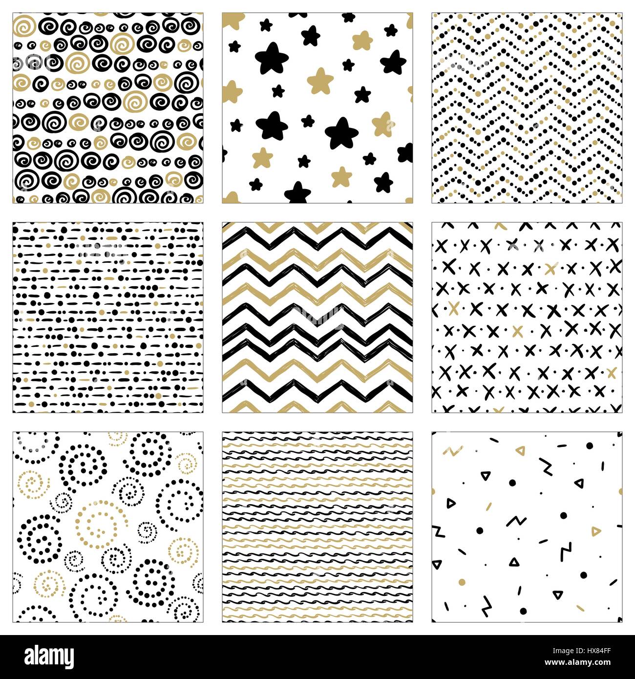 A set of hand-drawn vector seamless pattern of different elements of black and gold on a white background. Stock Vector