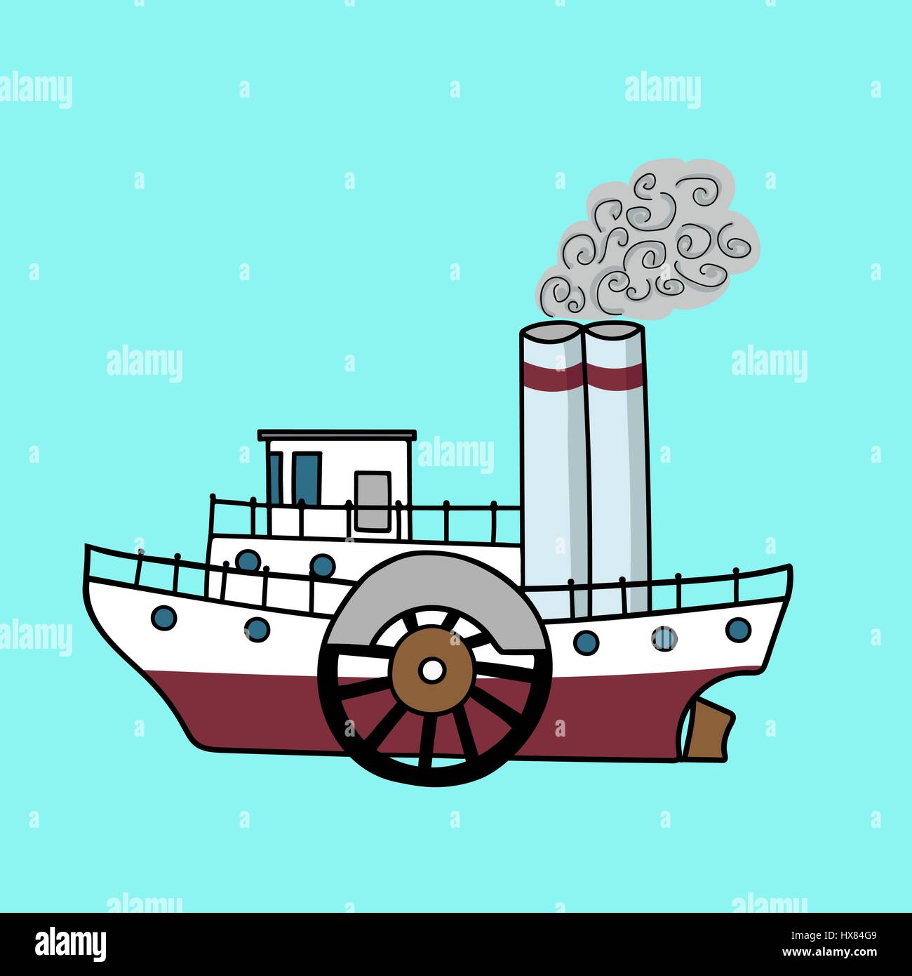Cartoon flat steamship in the retro style. Old steamboat on a blue background. Hand drawn vector illustration. Stock Vector