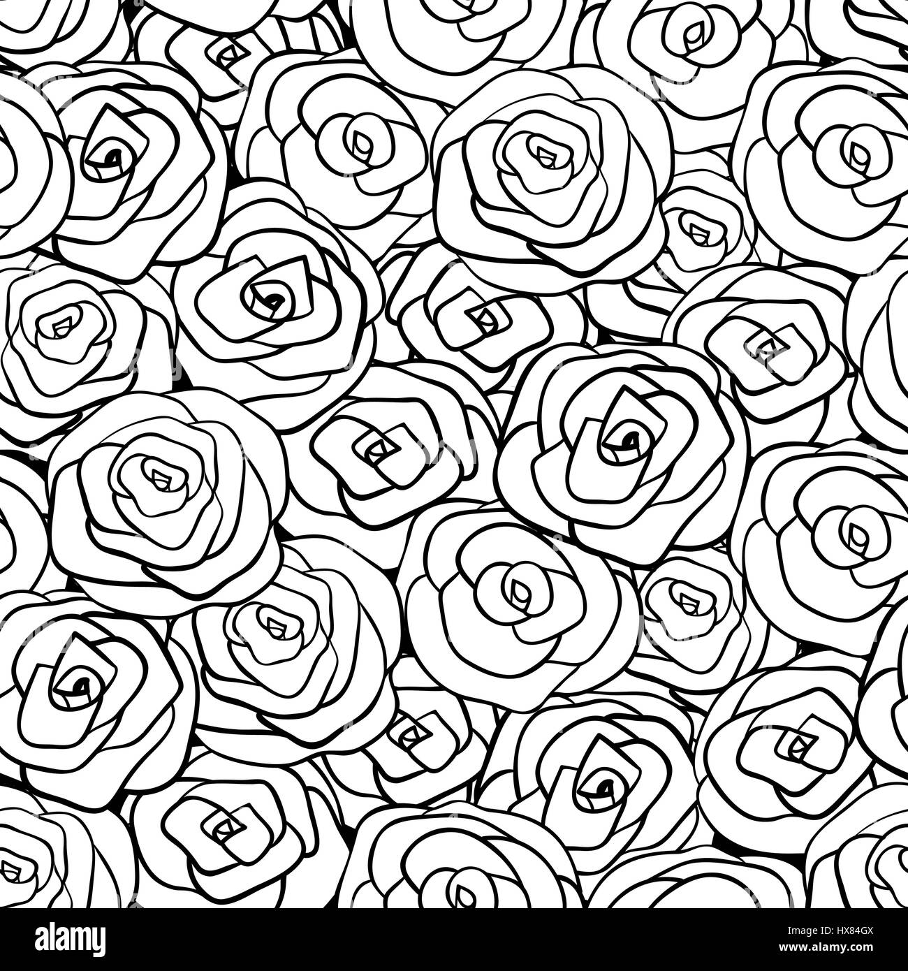 Seamless natural floral pattern of white roses painted black outline ...