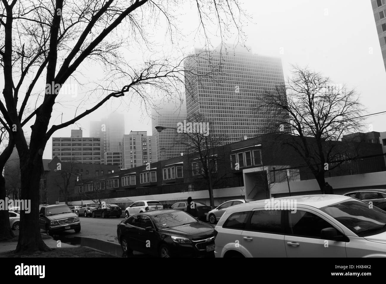 Apartment buildings on Lake Michigan seen from Hyde Park Blvd in