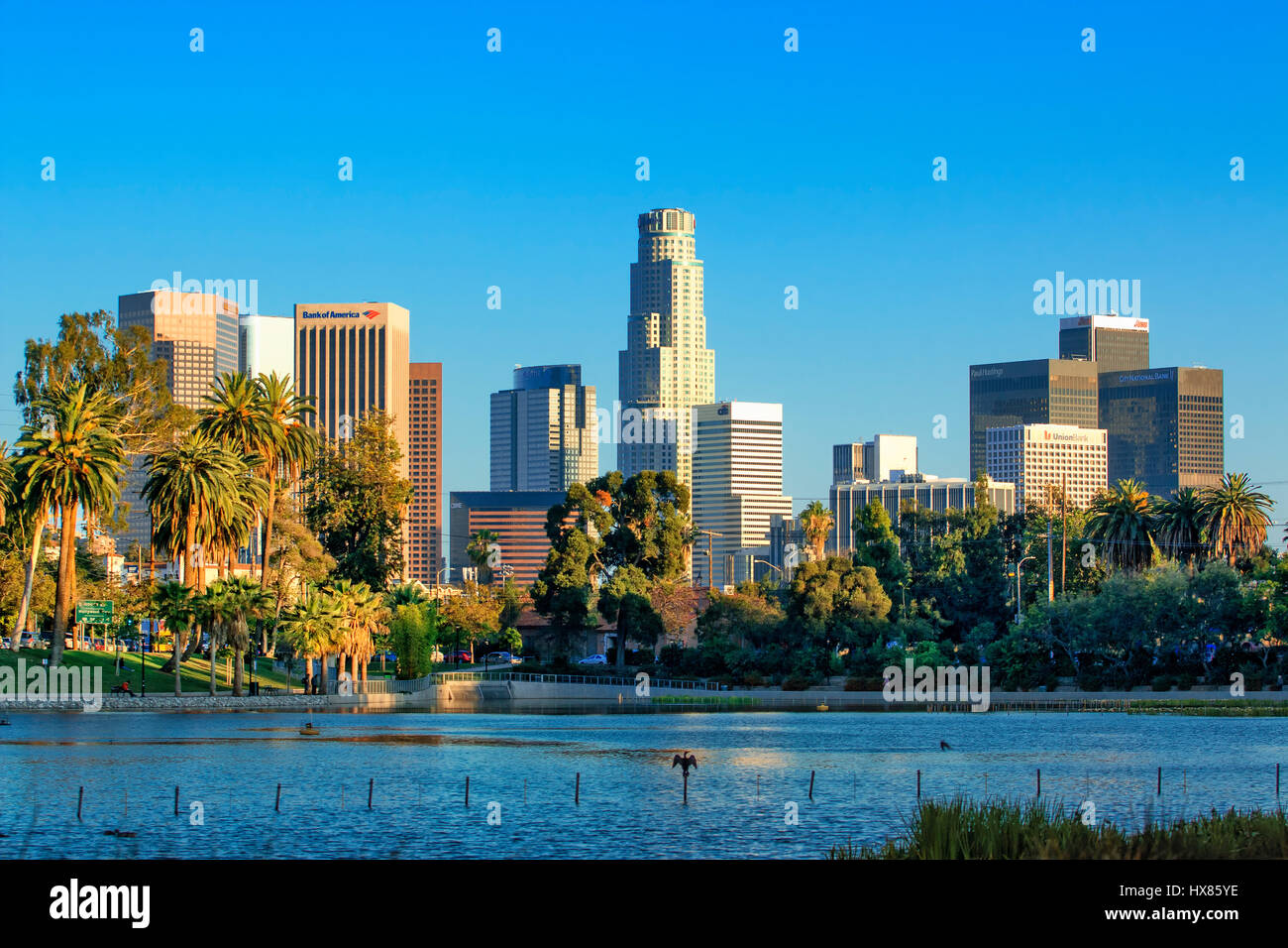 Echo lake and downtown in Los Angeles Stock Photo