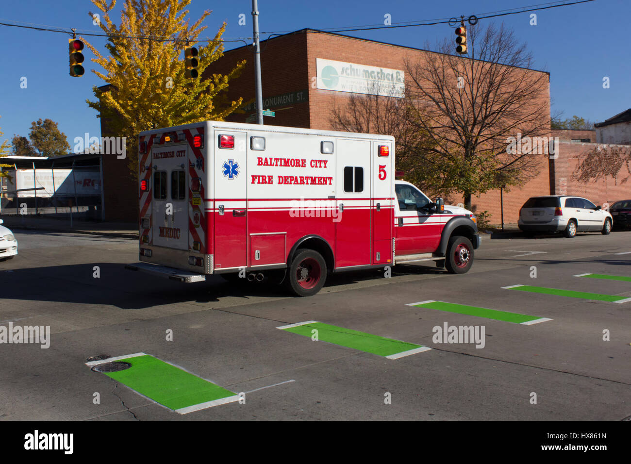 BALTIMORE, MARYLAND - NOVEMBER 18, 2016: Baltimore City Fire Department ambulance on a call on Greenmount Ave. Stock Photo