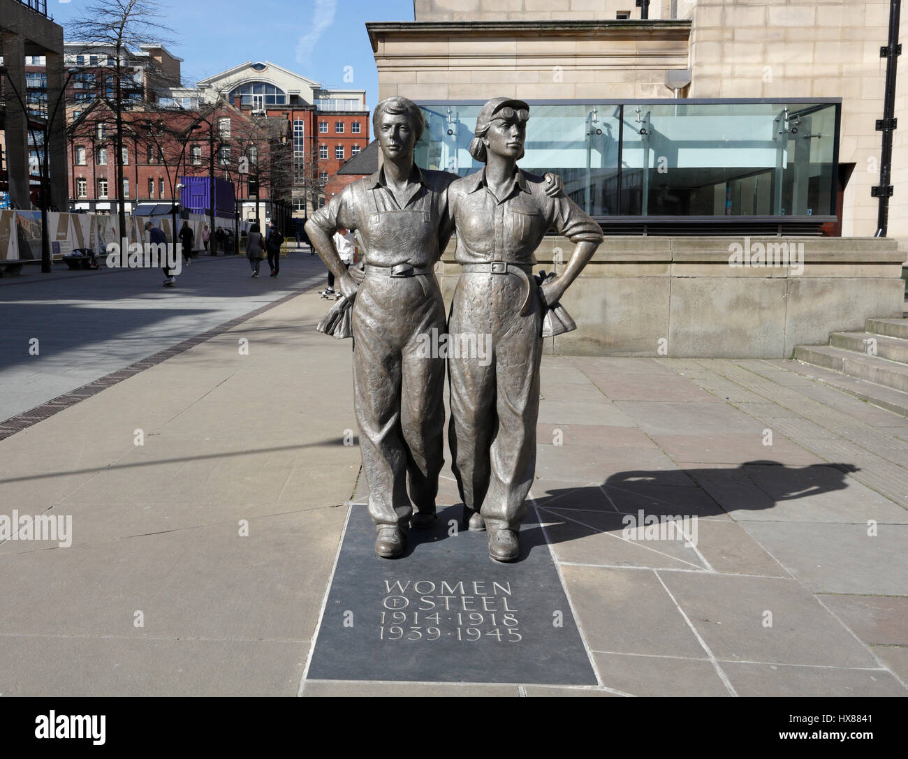 Statues In Sheffield Women of Steel metal statue sculpture, Barkers Pool Sheffield city hall ...