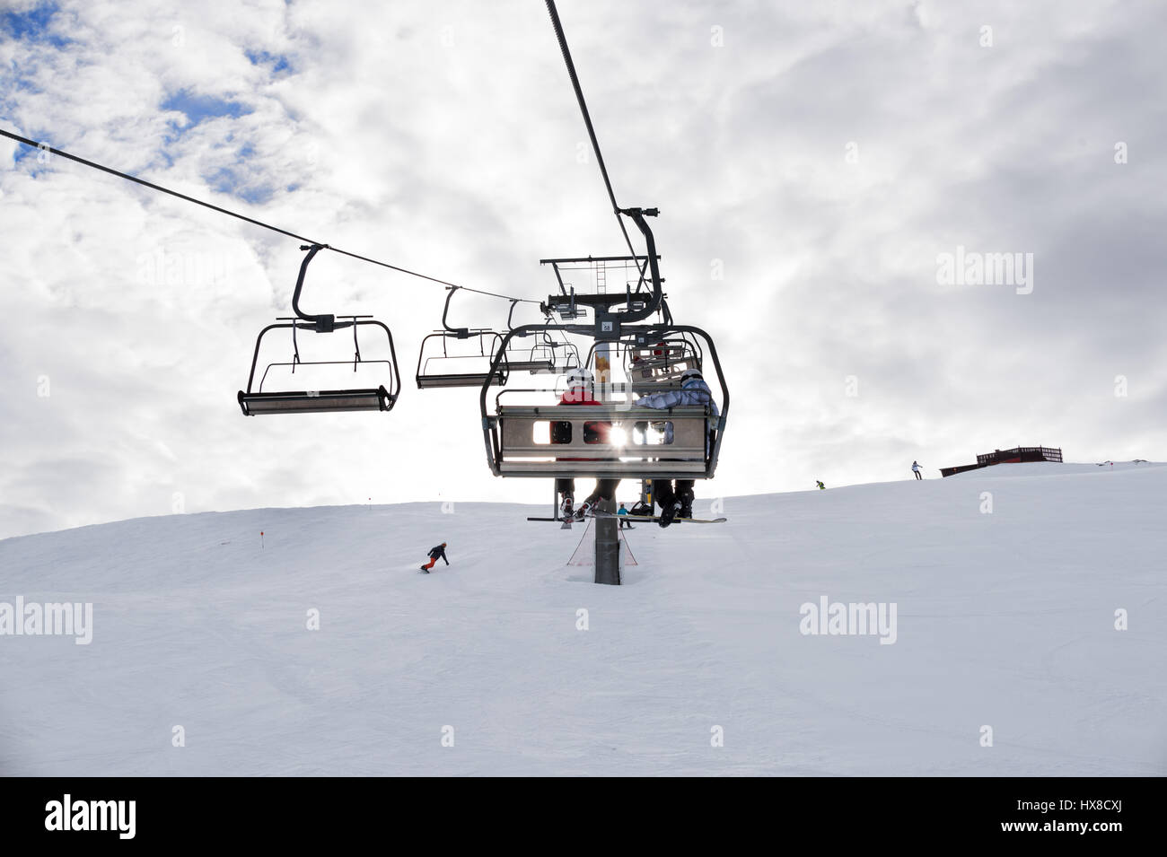 Ski day, Aguilas chairlift, Astun, Huesca, Aragon Stock Photo