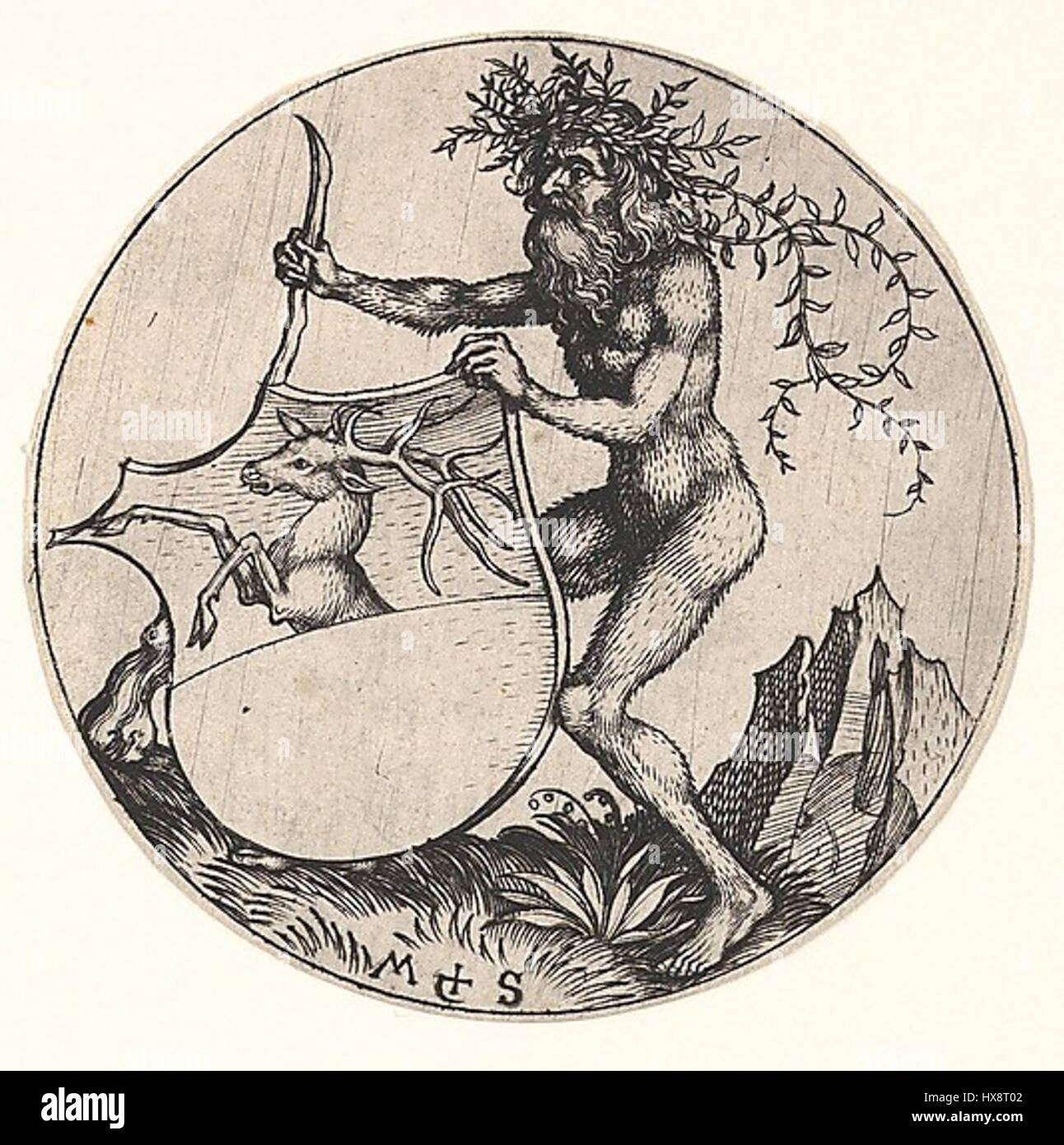 Martin Schongauer   Wappenschild mit Hirsch, von einem wilden Mann gehalten (L 103) Stock Photo