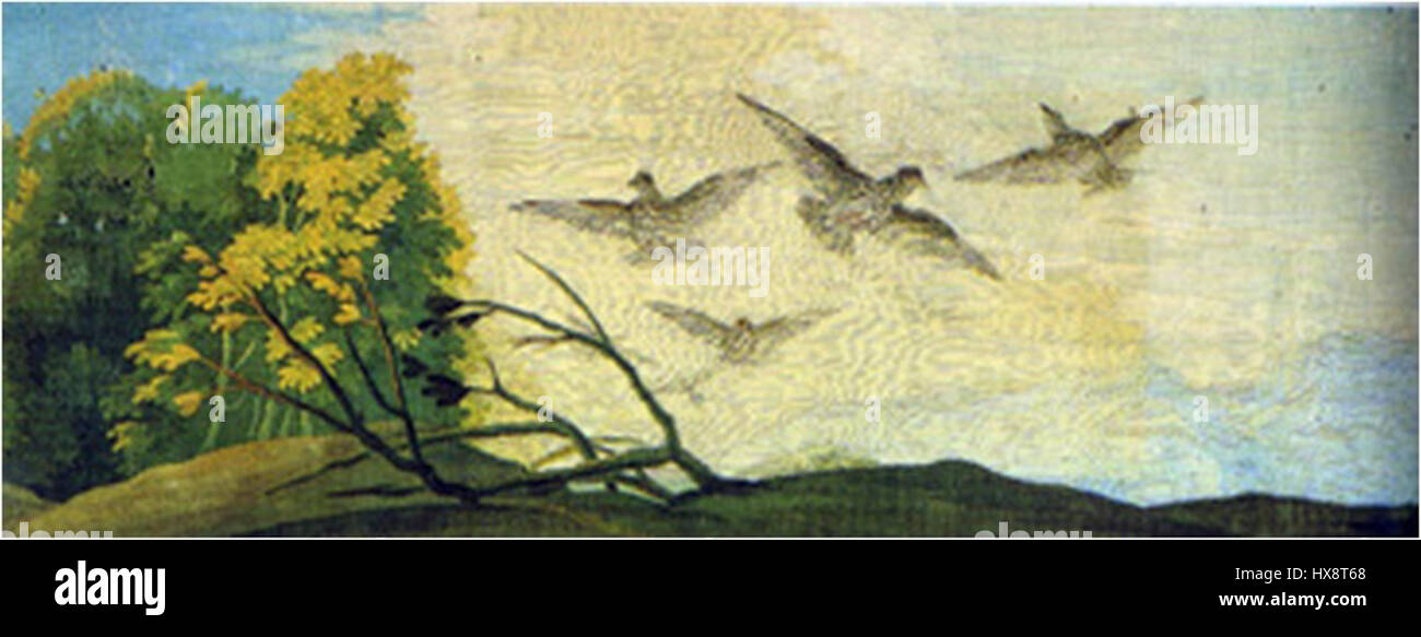 A famous work by Francisco Goya, titled 'Pájaros volando' (Flying Birds). The artwork portrays a group of birds in flight, showcasing Goya's skill in capturing dynamic movement and the beauty of nature. Stock Photo
