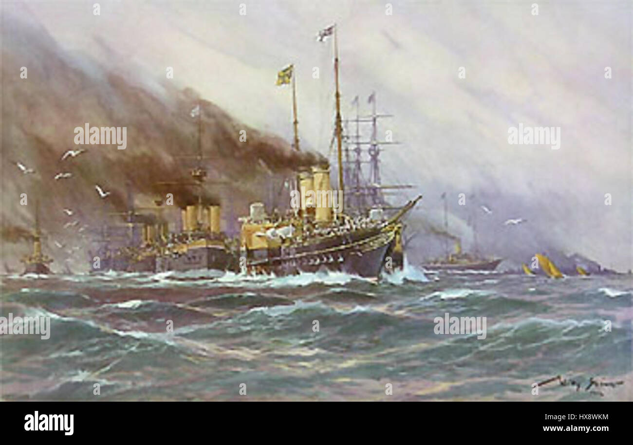 Willy Stöwer's 'Yacht Hohenzollern' portrays the luxury and elegance of the Hohenzollern yacht, emphasizing the grandeur of the ship and its status among elite maritime vessels of the time. Stock Photo