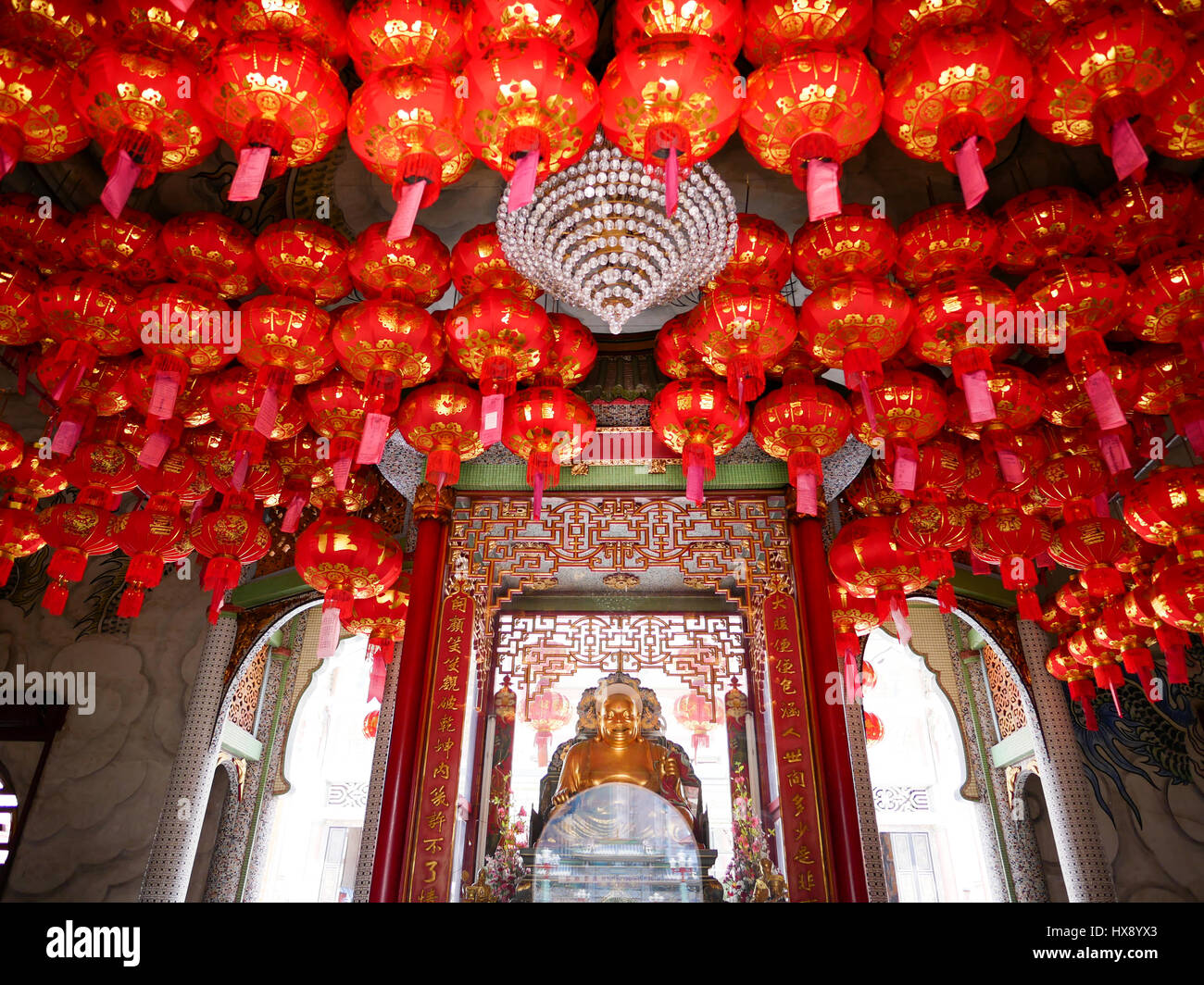 Chinese Red Lanterns Hang For Decorate The Ceiling Inside Temple