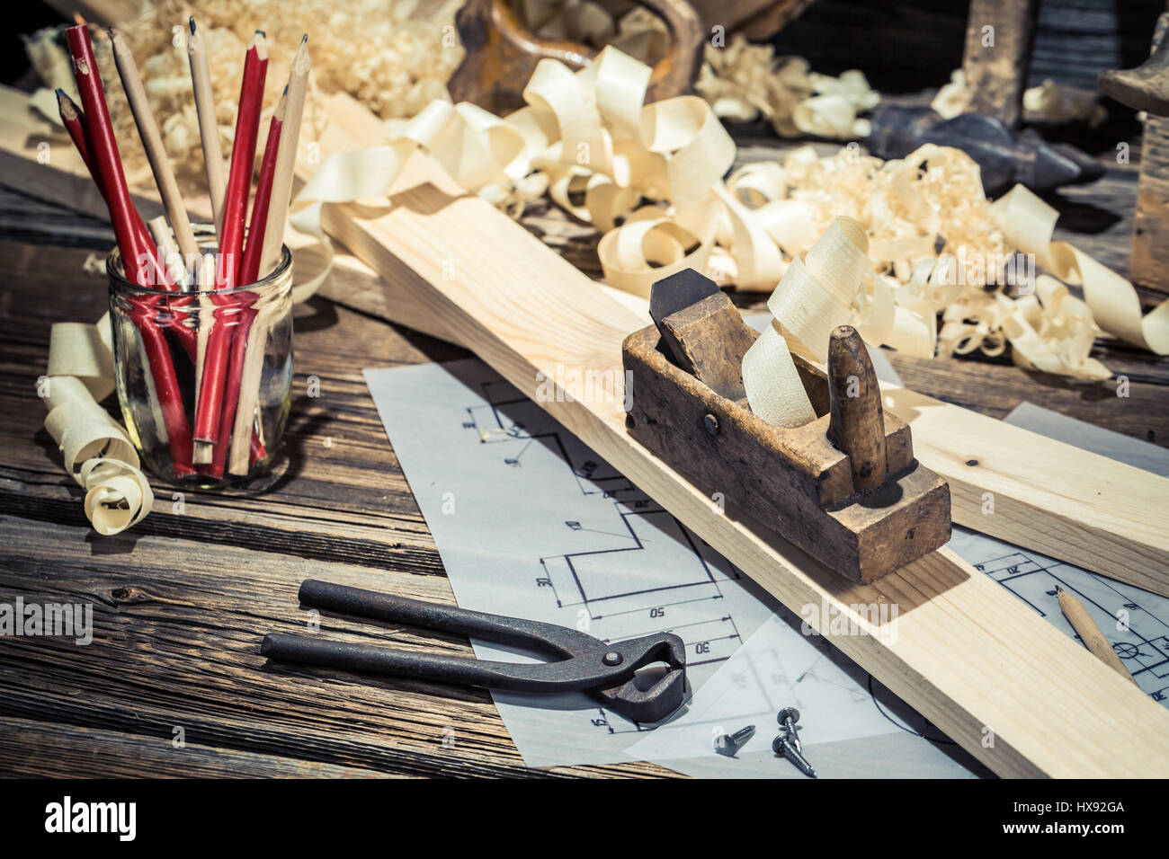 Old carpenters table in a workshop on old wooden table Stock Photo - Alamy