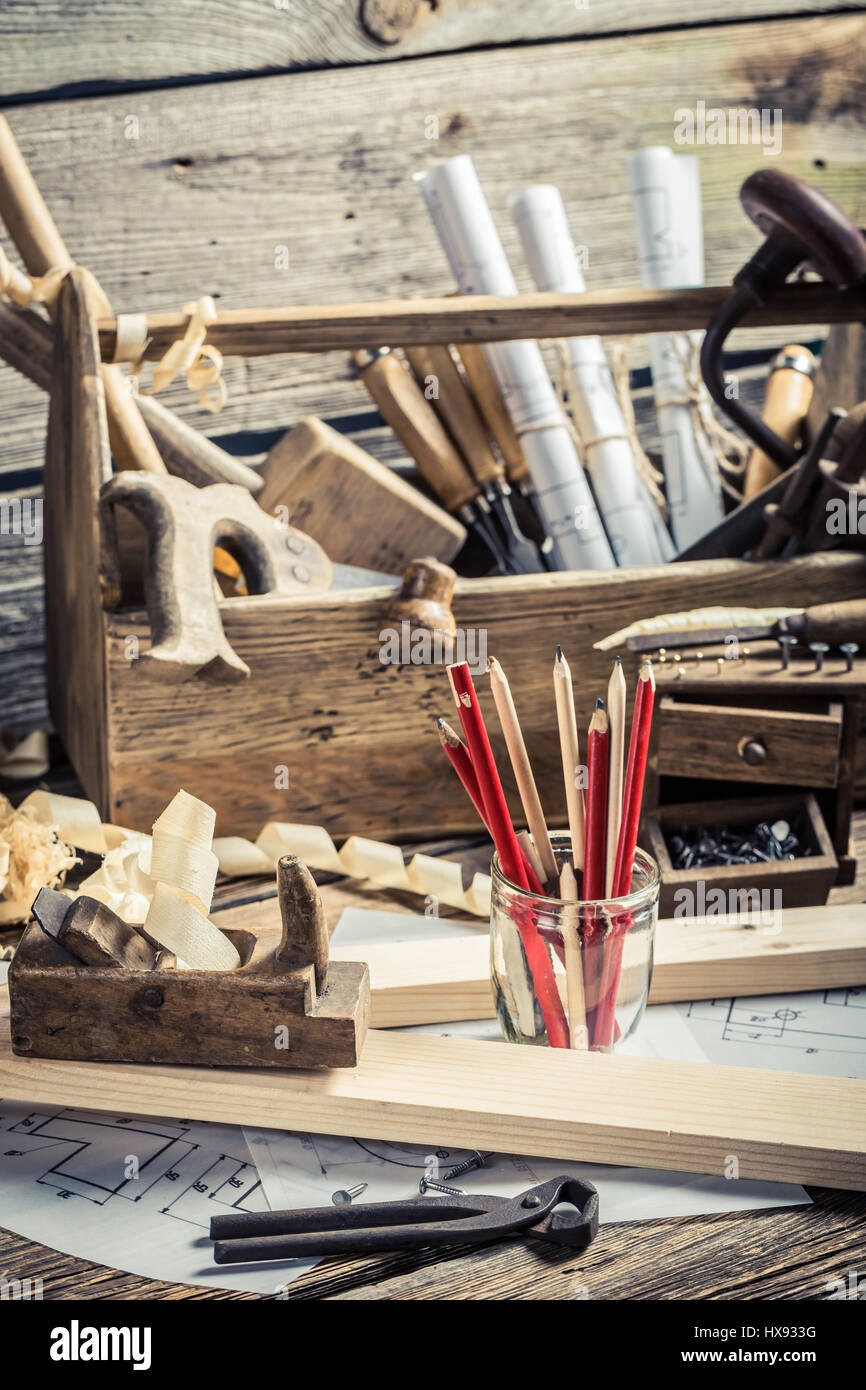 Drawing Workshop And Carpentry Workbench On Old Wooden Table Stock