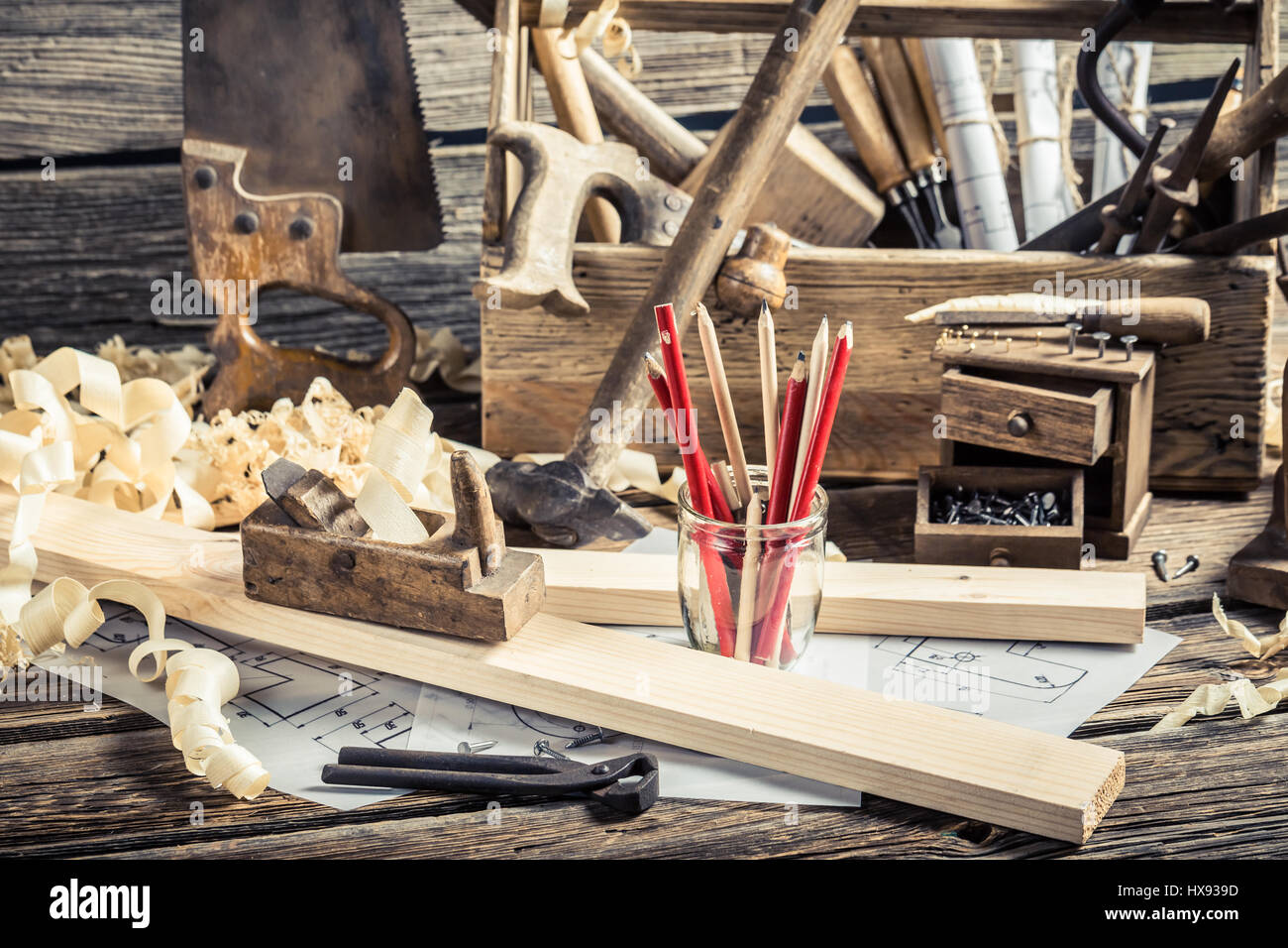 Old Carpentry Workbench And Drawing Workshop On Old Wooden Table