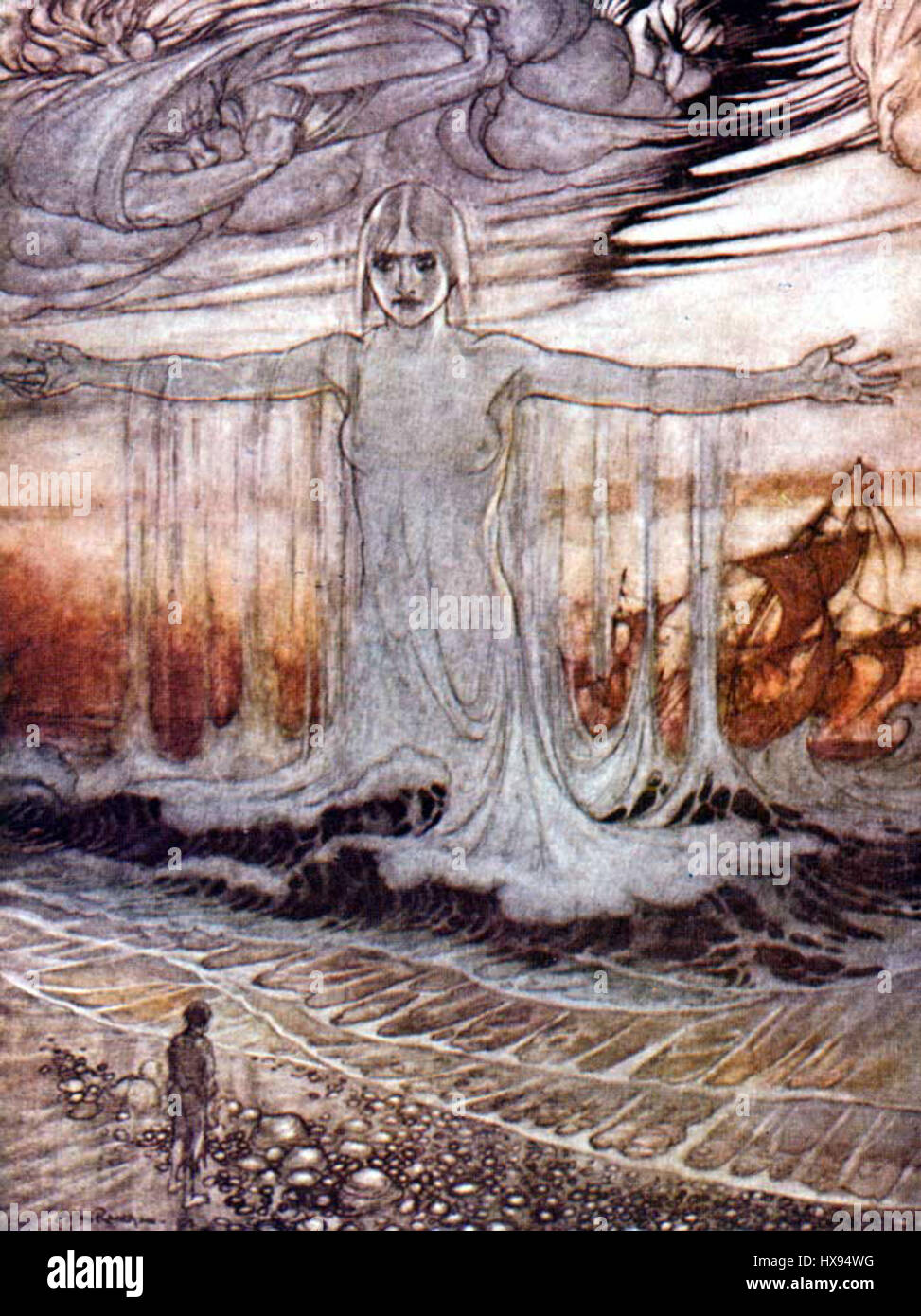 This illustration by Arthur Rackham depicts a dramatic shipwreck scene ...