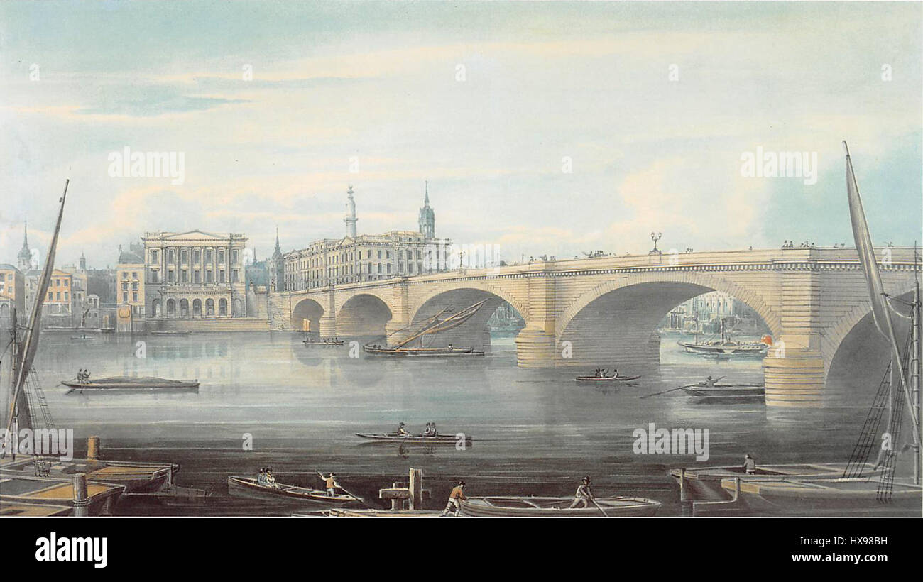 'London Bridge and Fishmongers' Hall' by Gideon Yates, painted in 1834, depicts the iconic London Bridge along with Fishmongers' Hall. The scene illustrates the bridge's significance as an architectural and cultural landmark, with a focus on the bustling life around it. Stock Photo