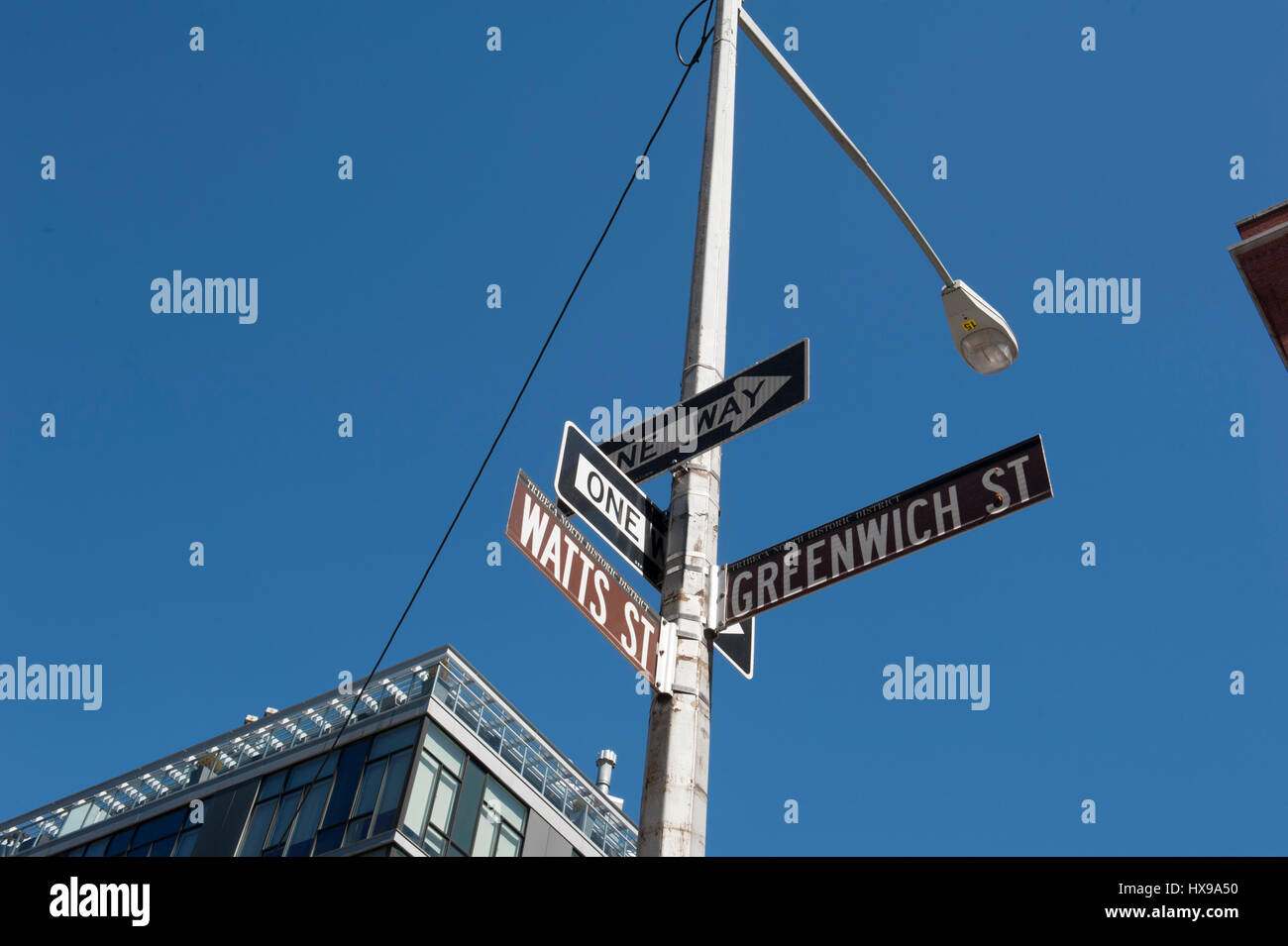 Street signs in Tribeca, part of Lower Manhattan, reference the Tribeca North Historic District. March 23, 2017 Stock Photo