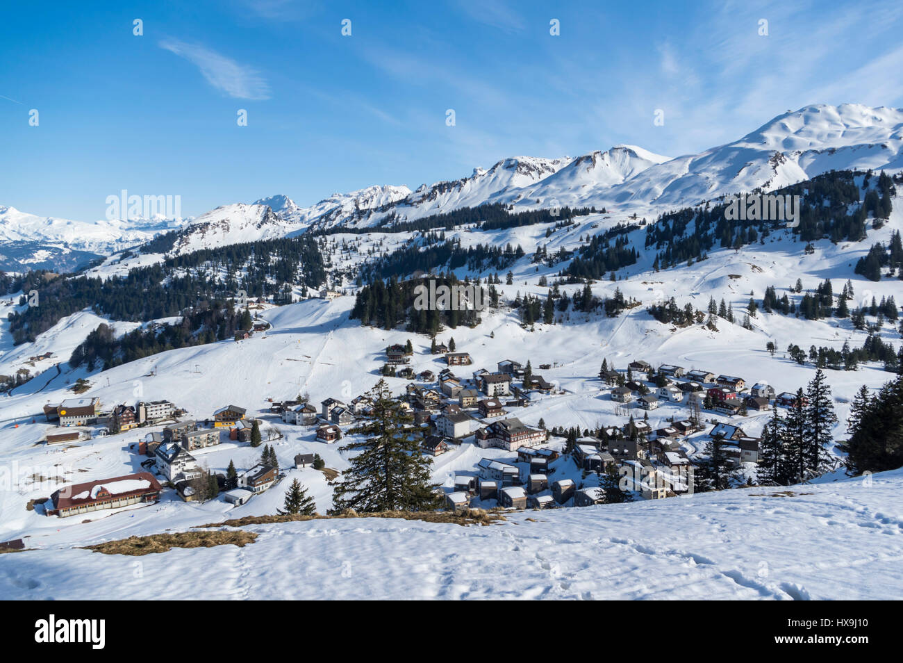 Stoos, Canton of Schwyz, Switzerland, a village and winter sports area in the Swiss Alps in winter. Stock Photo