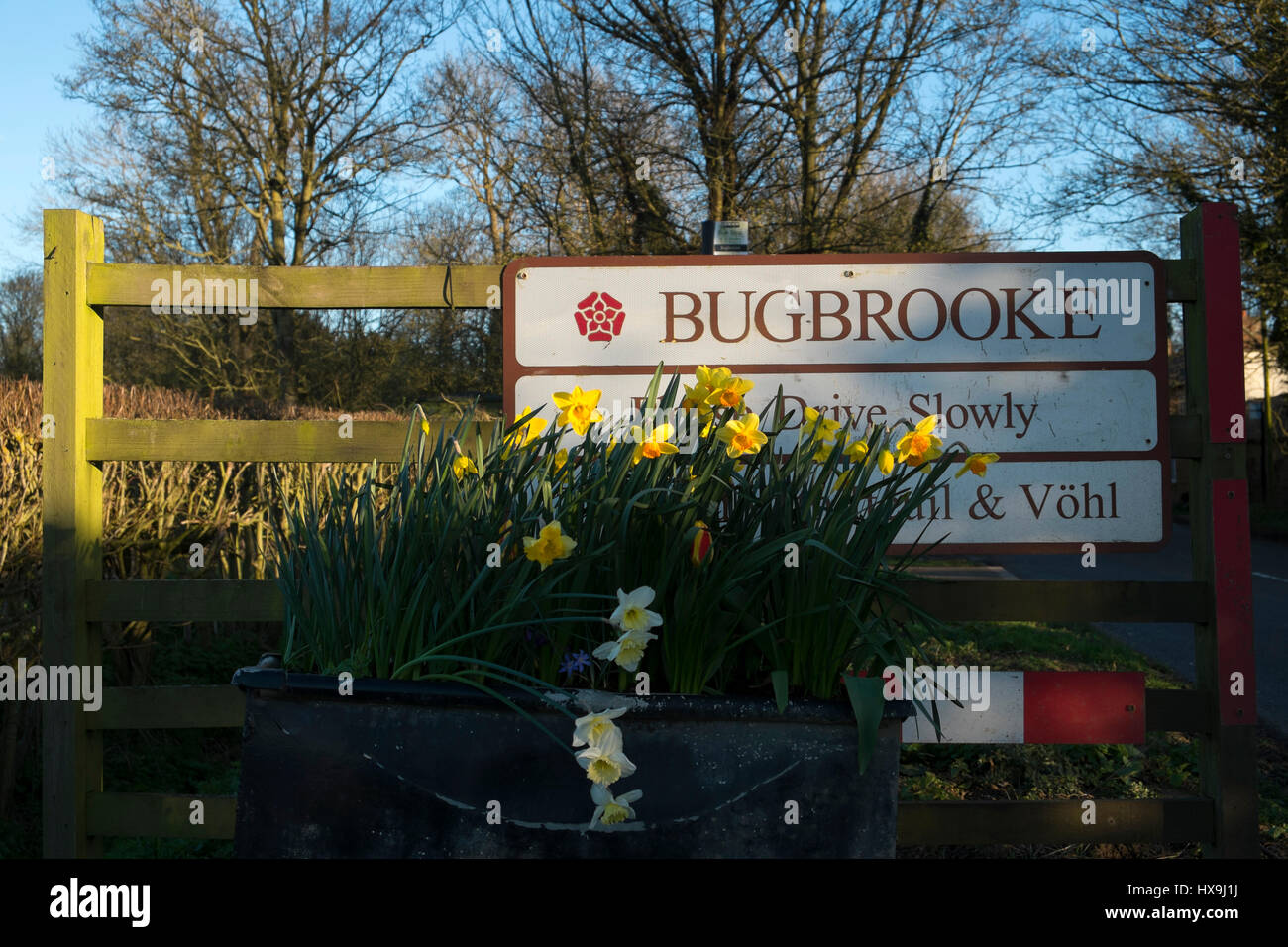 A road sign at the entrance to Bugbrooke village, Northamptonshire Stock Photo Alamy