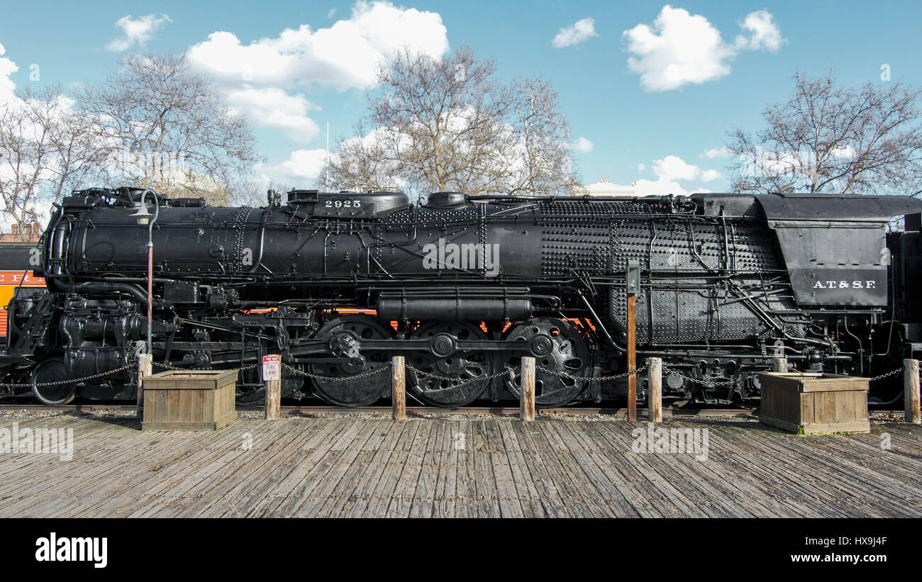 Panoramic view of a Baldwin Locomotive Works 2925 Santa Fe parked at Old Sacramento State Historic Park, viewed from the side Stock Photo