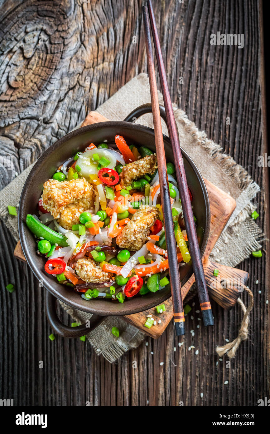 Closeup of chinese mix vegetables with chicken with sesame Stock Photo