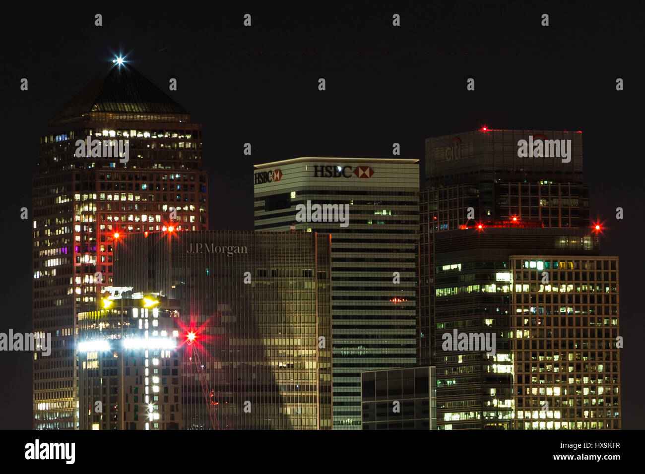 London, UK. 25th March, 2017. ‘Earth Hour’ lights out over Canary Wharf business park buildings © Guy Corbishley/Alamy Live News Stock Photo