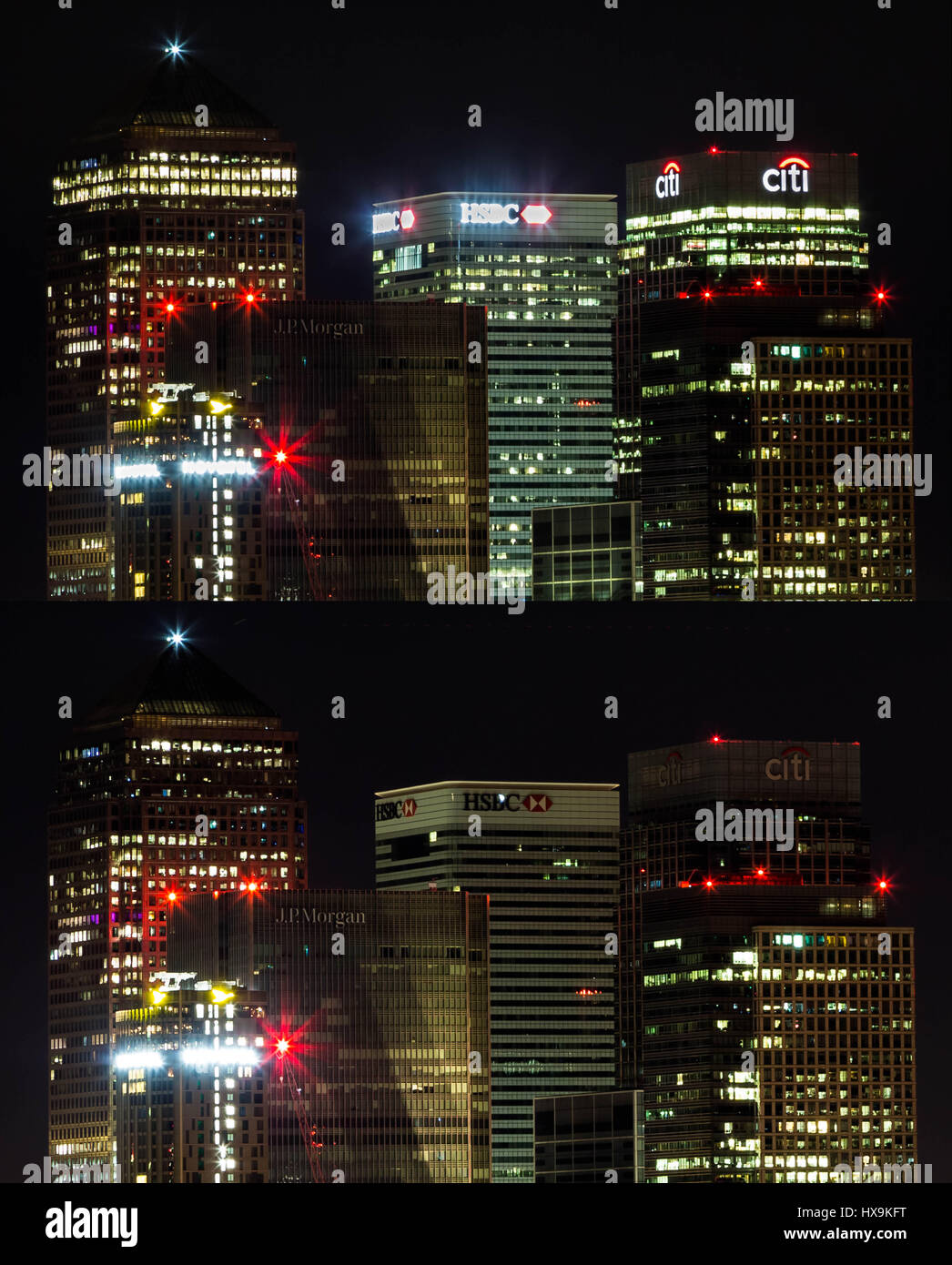 London, UK. 25th March, 2017. ‘Earth Hour’ lights out (before and after images) over Canary Wharf business park buildings © Guy Corbishley/Alamy Live News Stock Photo