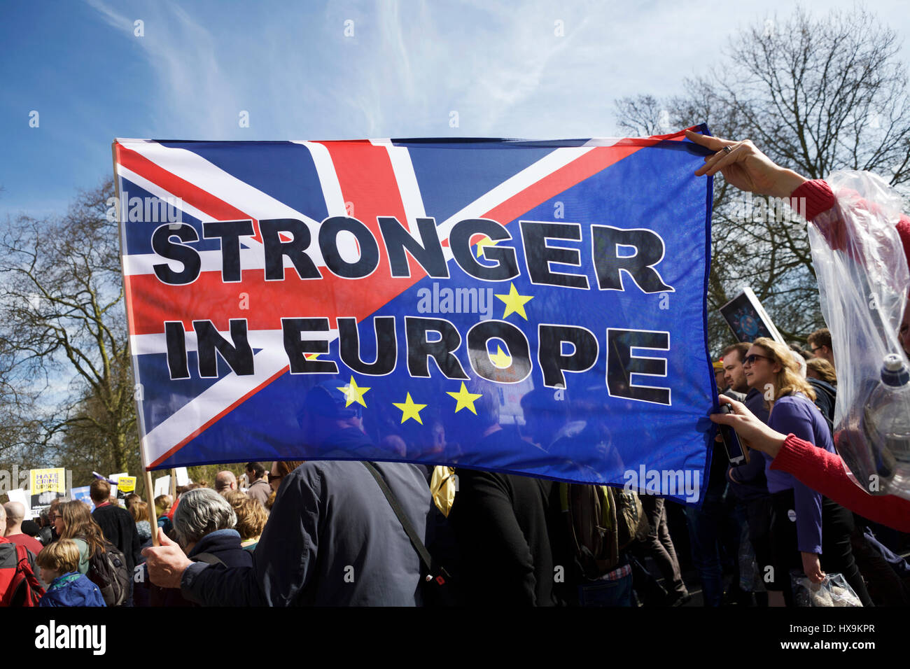London, UK. 25th March 2017. Unite for Europe organised a Pro-EU march in London. Anti-BREXIT demonstrators march from Park Lane to Parliament Square. Politics UK. Stock Photo