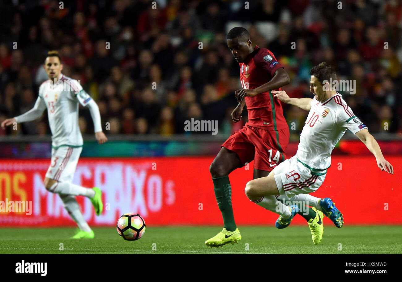 Lisbon, Portugal. 25th Mar, 2017. William Carvalho(C) of Portugal vies with Zoltan Gera(R) of Hungary during the FIFA World Cup 2018 Qualifiers Group B match between Portugal and Hungary at the Luz stadium in Lisbon, Portugal, on March 25, 2017. Portugal won 3-0. Credit: Zhang Liyun/Xinhua/Alamy Live News Stock Photo