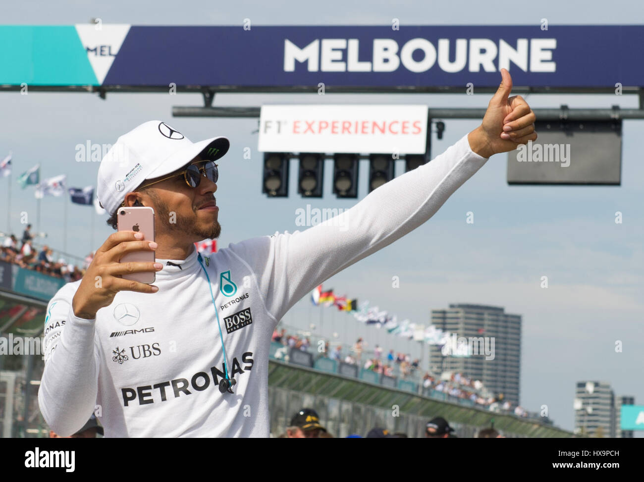 Melbourne, Australia. 26th Mar, 2017. Mercedes driver Lewis Hamilton of Britain attends the driver's parade ahead of the Australian Formula One Grand Prix at Albert Park circuit in Melbourne, Australia on March 26, 2017. Credit: Bai Xue/Xinhua/Alamy Live News Stock Photo