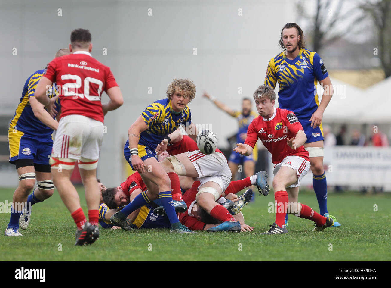Parma, Italy. 25th Mar, 2017. Munster's scrum half Angus Lloyd passes the  ball to his teammate in the match against Zebre in GuinnessPRO12 Credit:  Massimiliano Carnabuci/Alamy news Stock Photo - Alamy