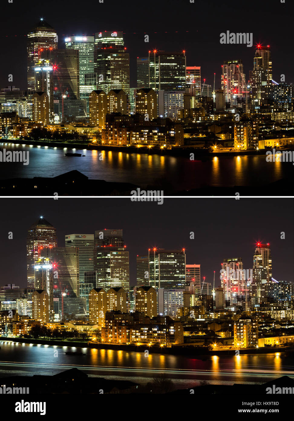 London, UK. 25th March, 2017. ‘Earth Hour’ lights out (before and after) over Canary Wharf business park buildings © Guy Corbishley/Alamy Live News Stock Photo