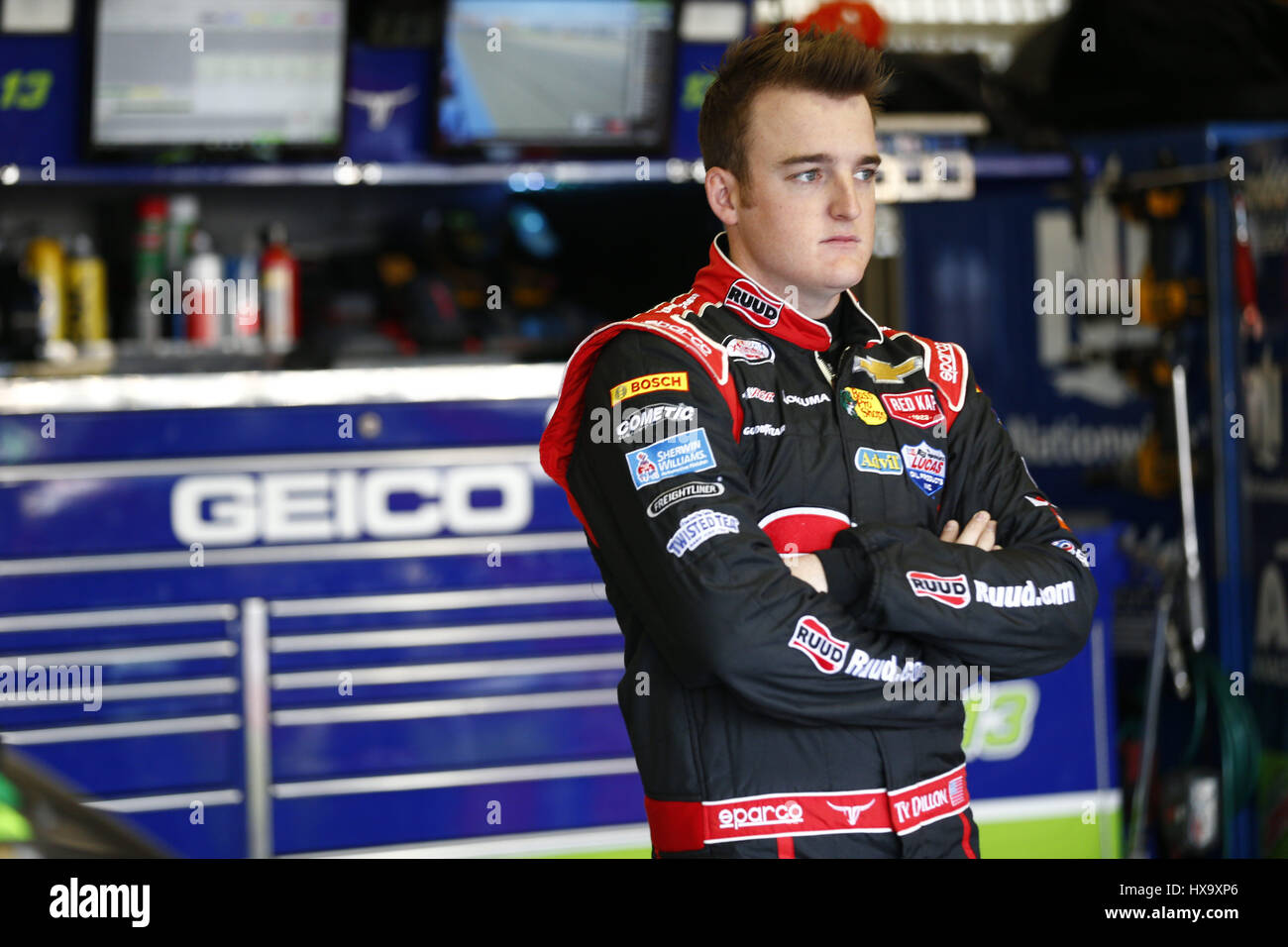 Fontana, California, USA. 25th Mar, 2017. March 25, 2017 - Fontana, California, USA: Ty Dillon (13) hangs out in the garage during practice for the Auto Club 400 at Auto Club Speedway in Fontana, California. Credit: Jusitn R. Noe Asp Inc/ASP/ZUMA Wire/Alamy Live News Stock Photo