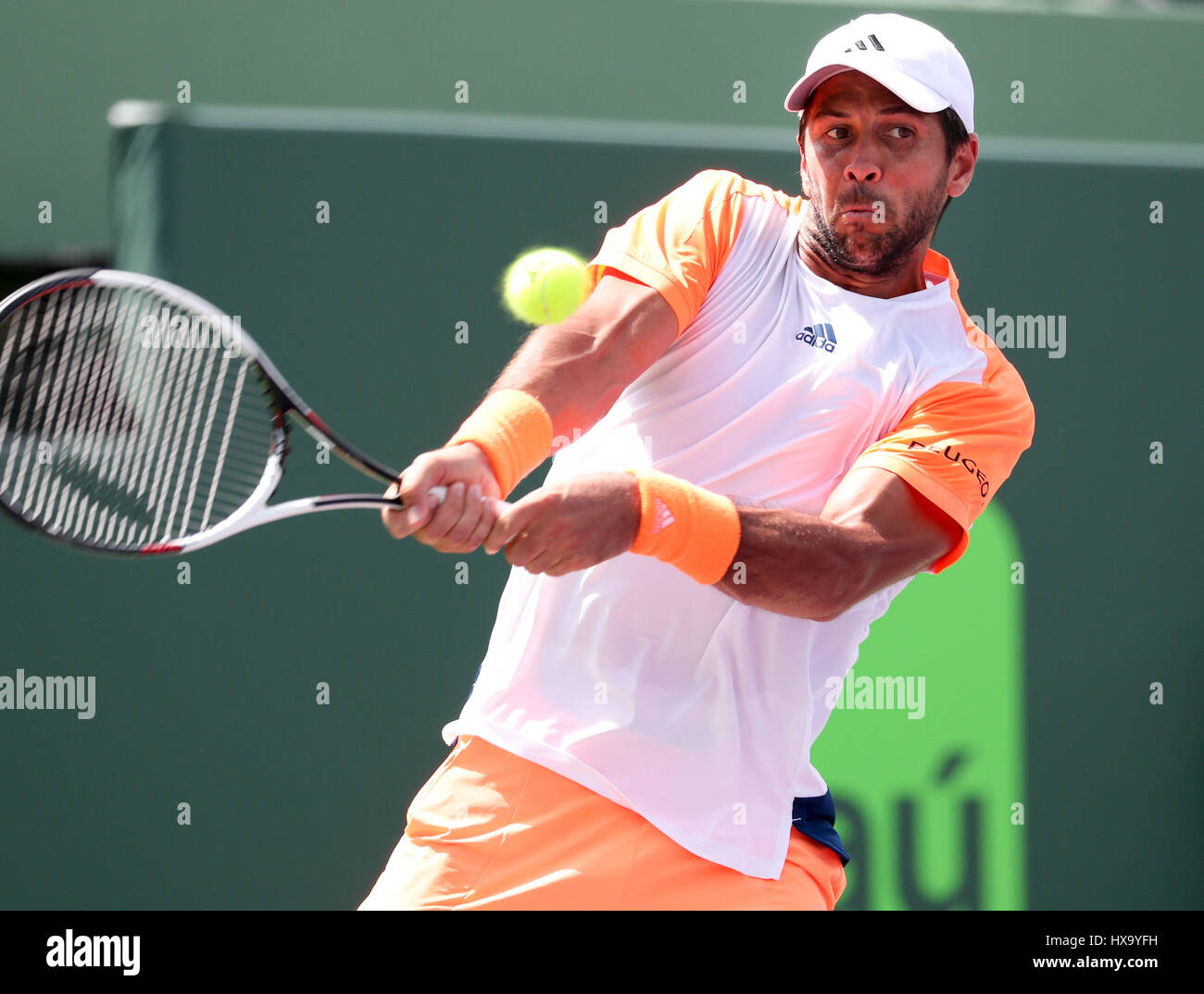 Key Biscayne, Florida, USA. 26th Mar, 2017. Fernando Verdasco, of Spain, prepares to hit a backhand against Kei Nishikori, of Japan, at the 2017 Miami Open presented by Itau professional tennis tournament, played at Crandon Park Tennis Center in Key Biscayne, Florida, USA. Nishikori d Verdasco 7-6(2) 6-7(5) 6-1. Mario Houben/CSM/Alamy Live News Stock Photo