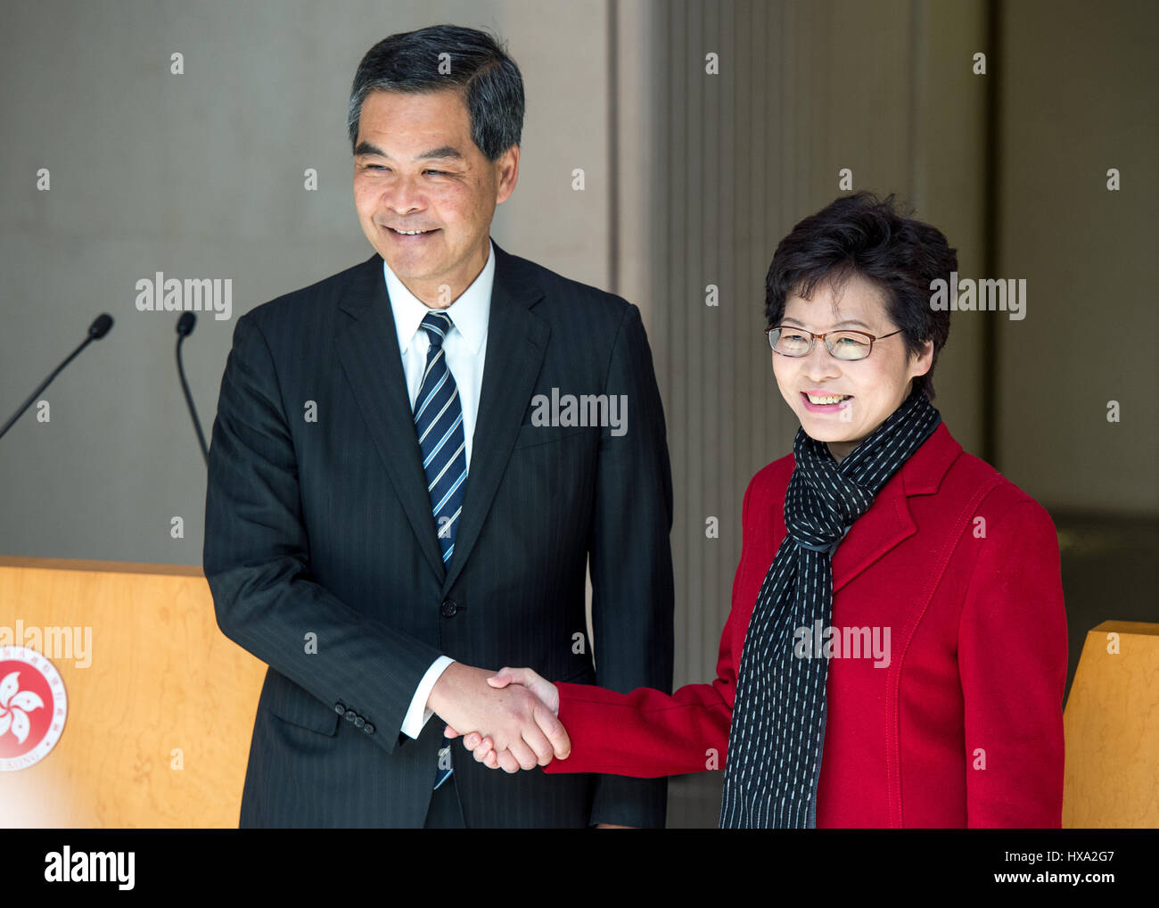 Hong Kong, Hong Kong, China. 27th Mar, 2017. The Chief Executive of Hong Kong, CY Leung (L), meets with the Chief Executive Elect, CARRIE LAM. Carrie Lam won the election with 777 votes out of the 1,194 eligible votes making her the city's first female leader. Credit: Jayne Russell/ZUMA Wire/Alamy Live News Stock Photo