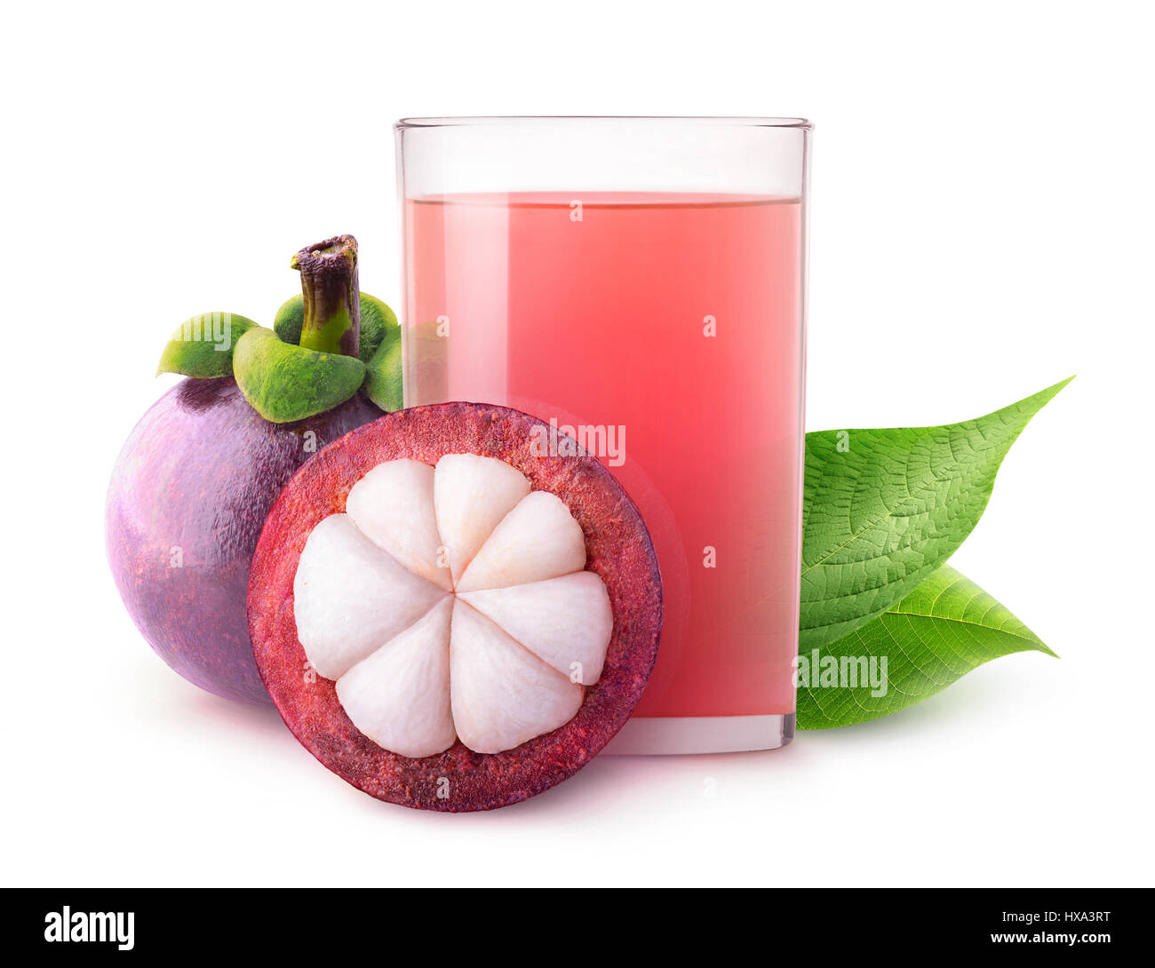Isolated tropical drink. Glass of mangosteen juice isolated on white