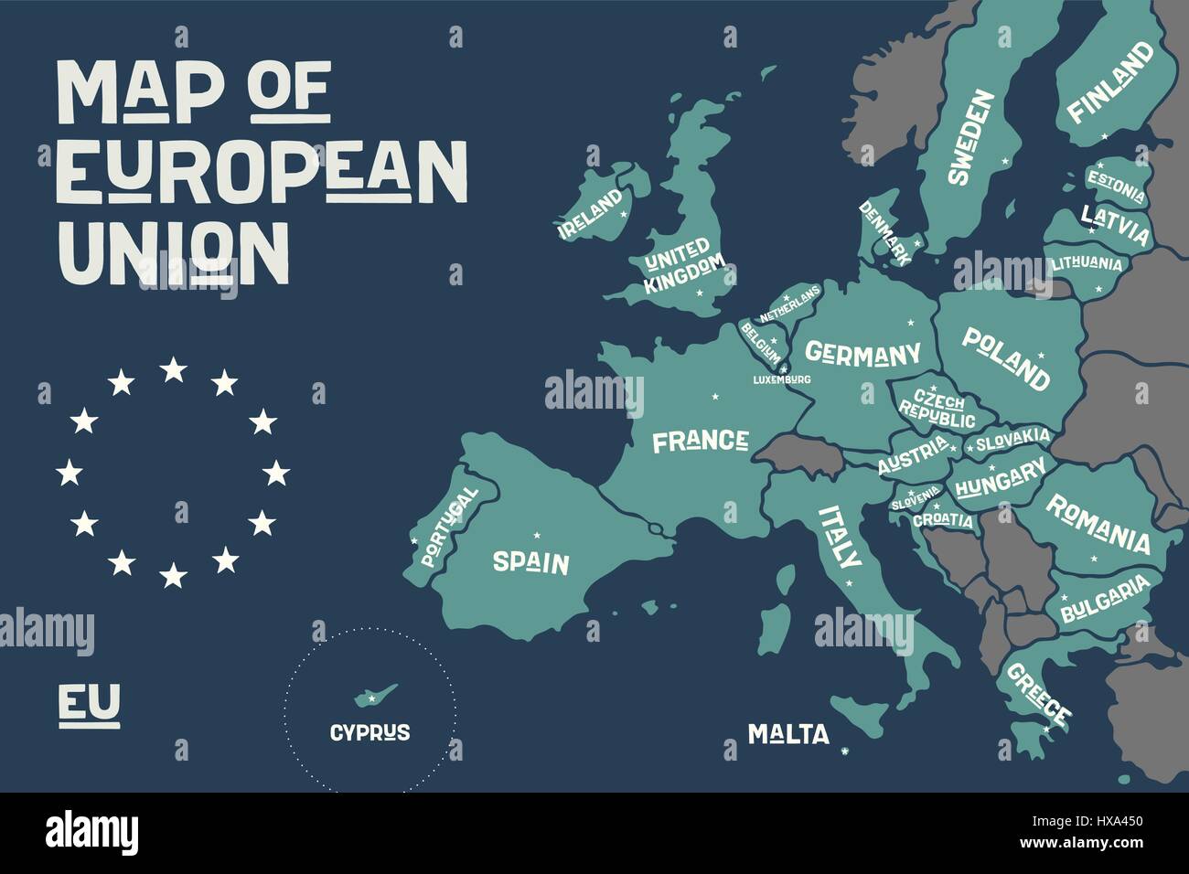 Poster map of the European Union with country names Stock Vector
