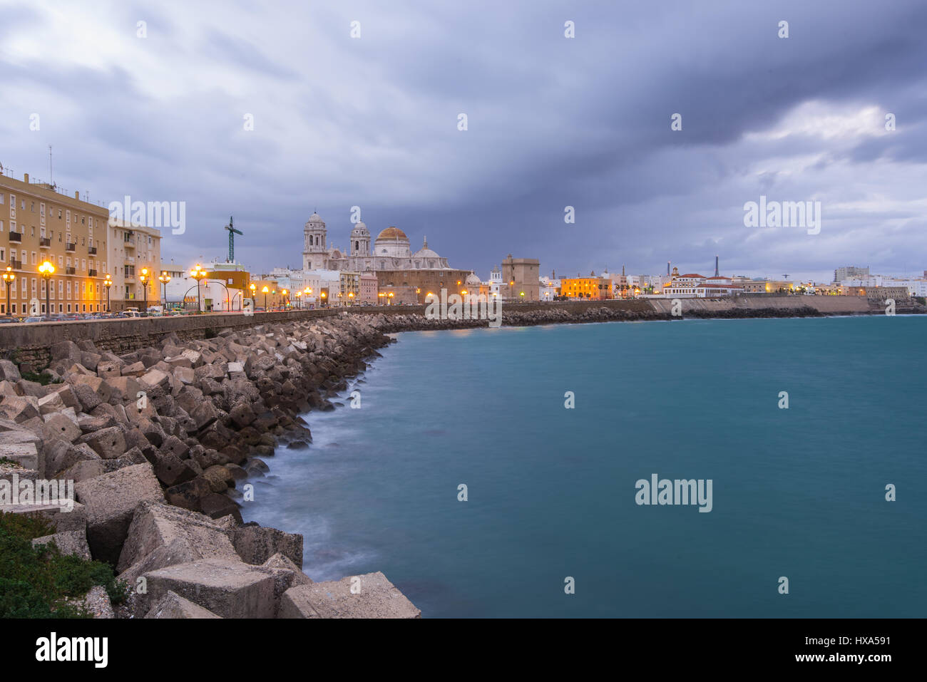 Evening cityscape with cathedral in Cadiz,Spain Stock Photo