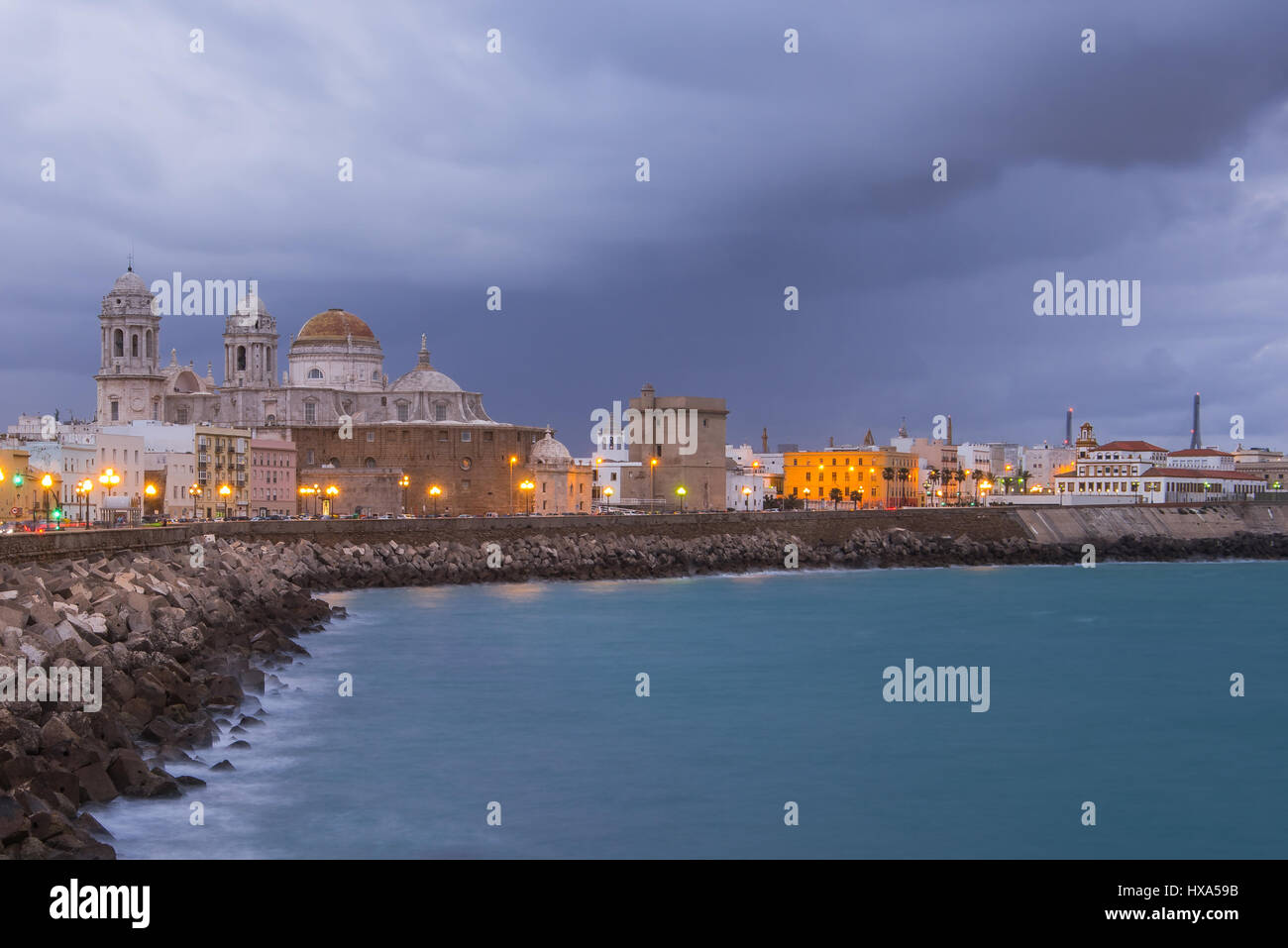 Evening cityscape with cathedral in Cadiz,Spain Stock Photo